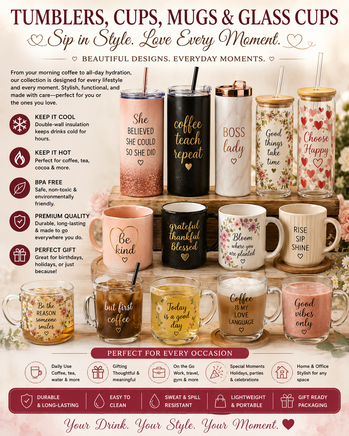 ☕✨ Tumblers, Cups, Mugs & Glass Cups Collection ✨☕