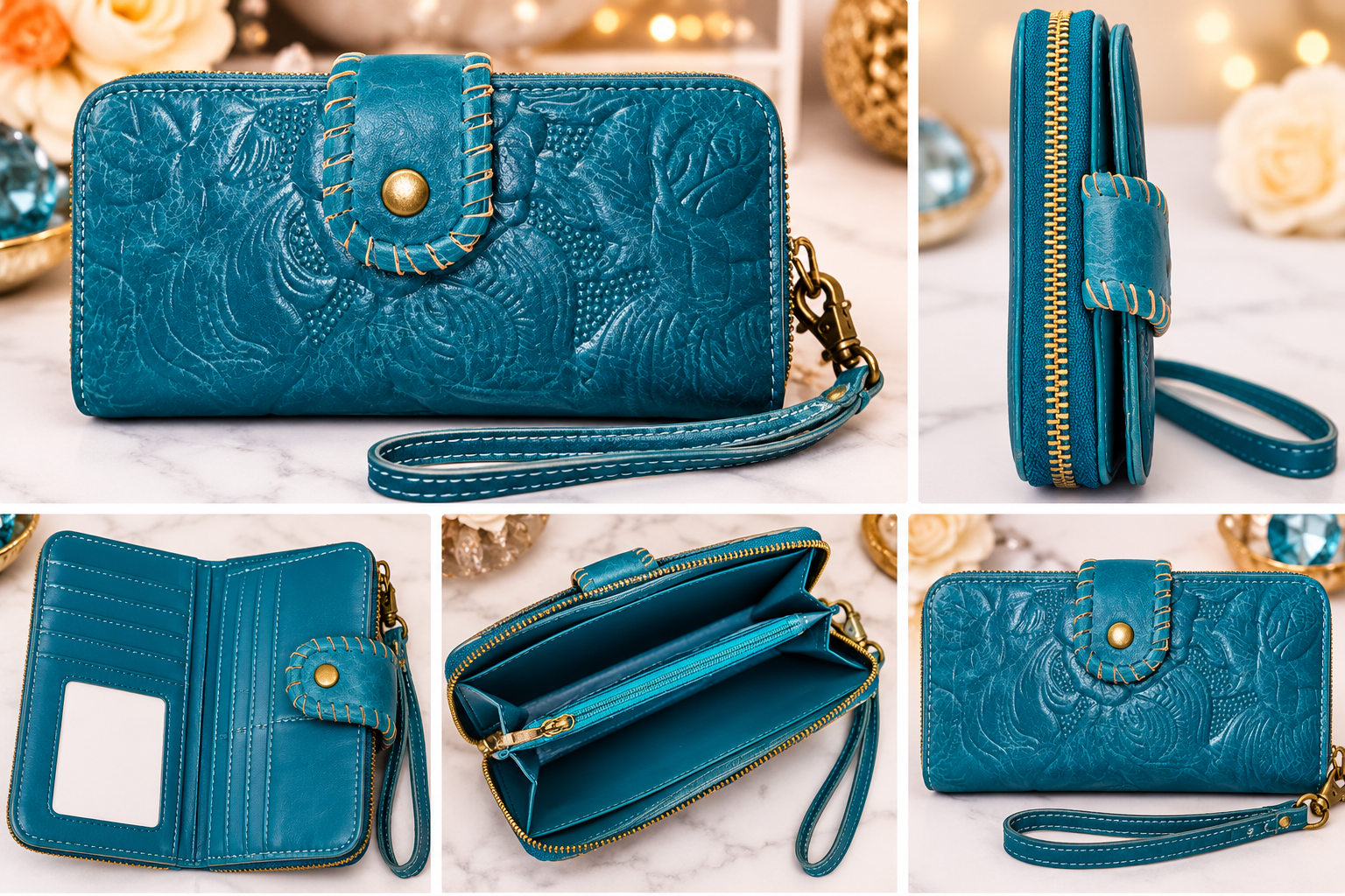 Ocean Bloom Embossed Wristlet Wallet – Turquoise