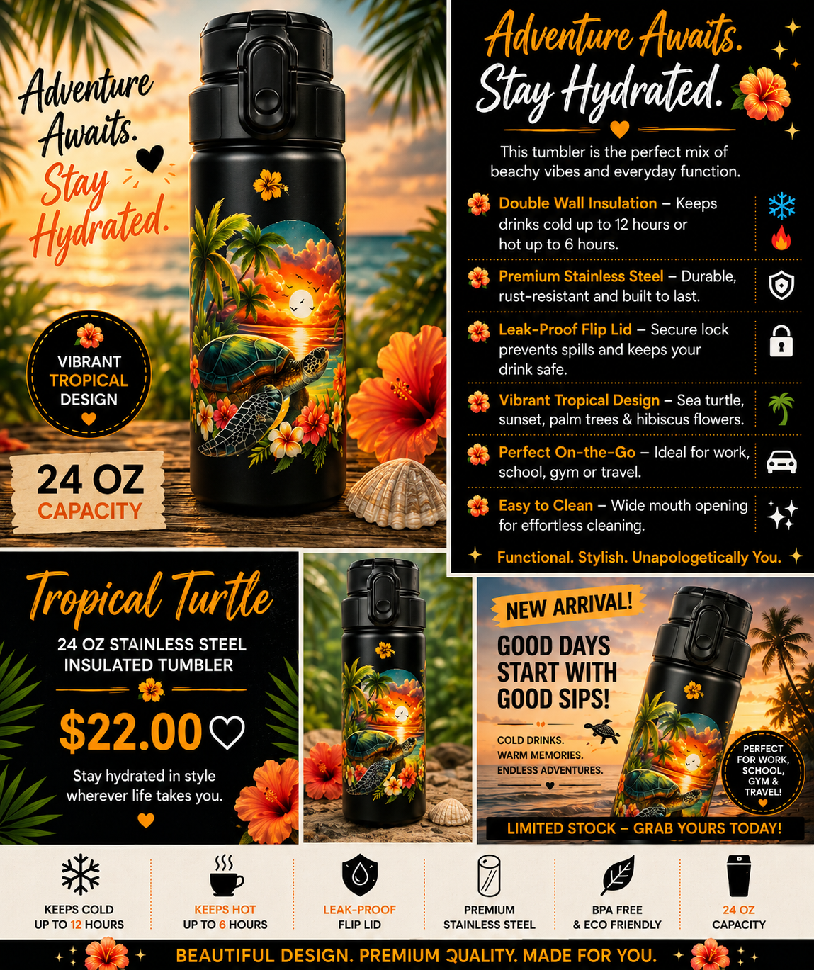 🌴 Tropical Turtle 24 oz Insulated Tumbler