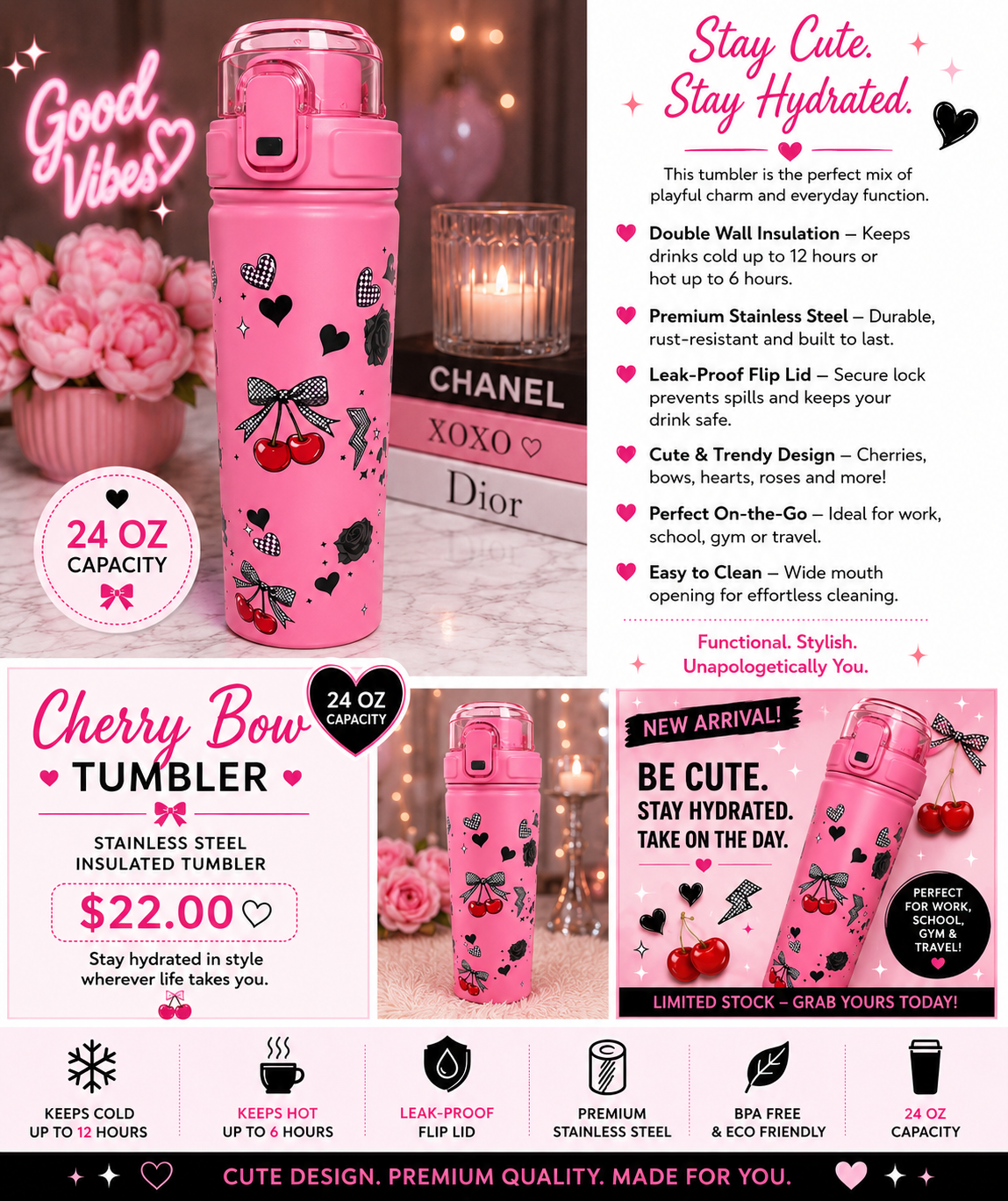 🍒 Cherry Bow 24 oz Insulated Tumbler