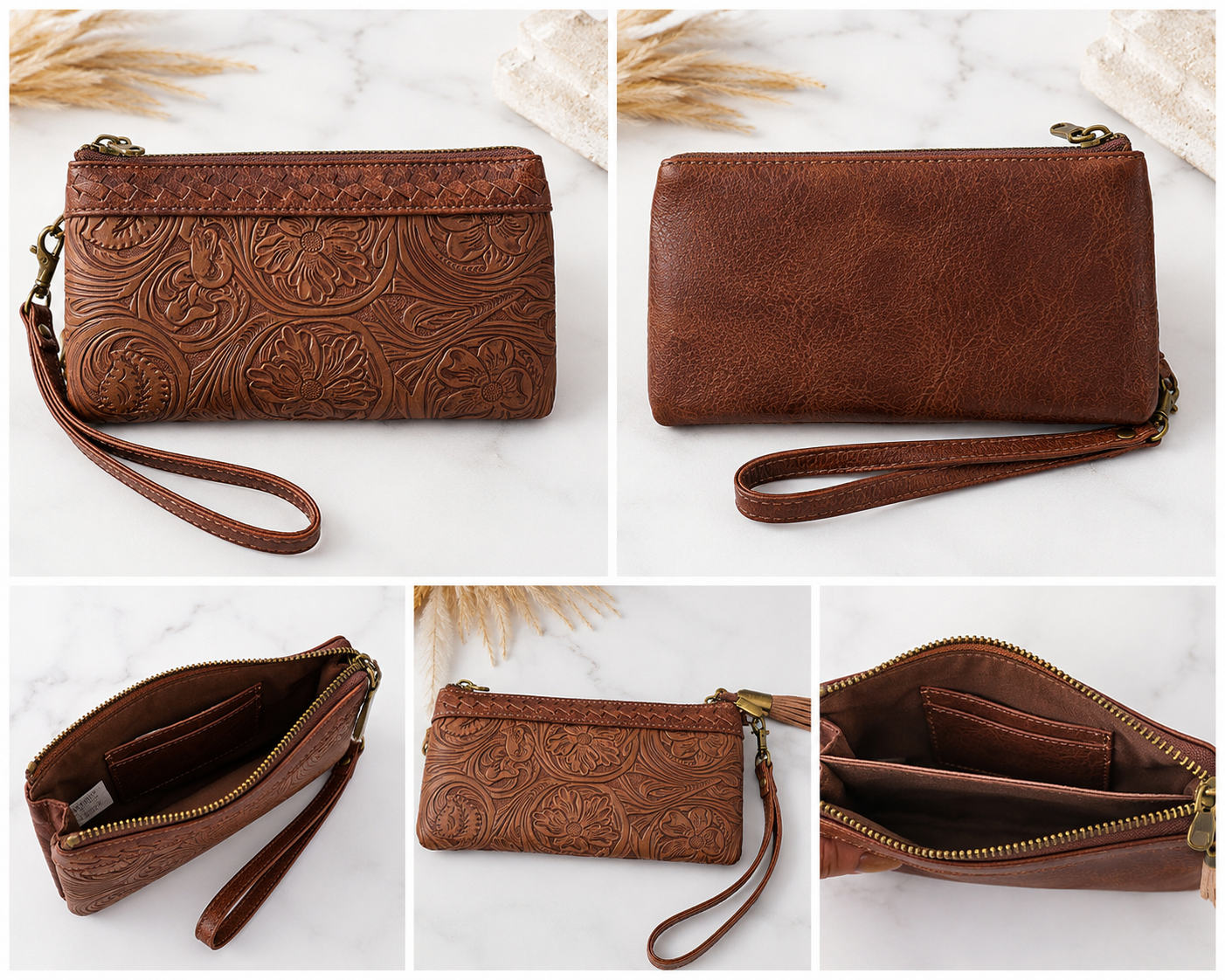 Rustic Bloom Wristlet Wallet – Cognac Brown