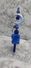 Celestial Moon Blue Beaded Pen with Faux Fur Charm – Handmade Statement Pen