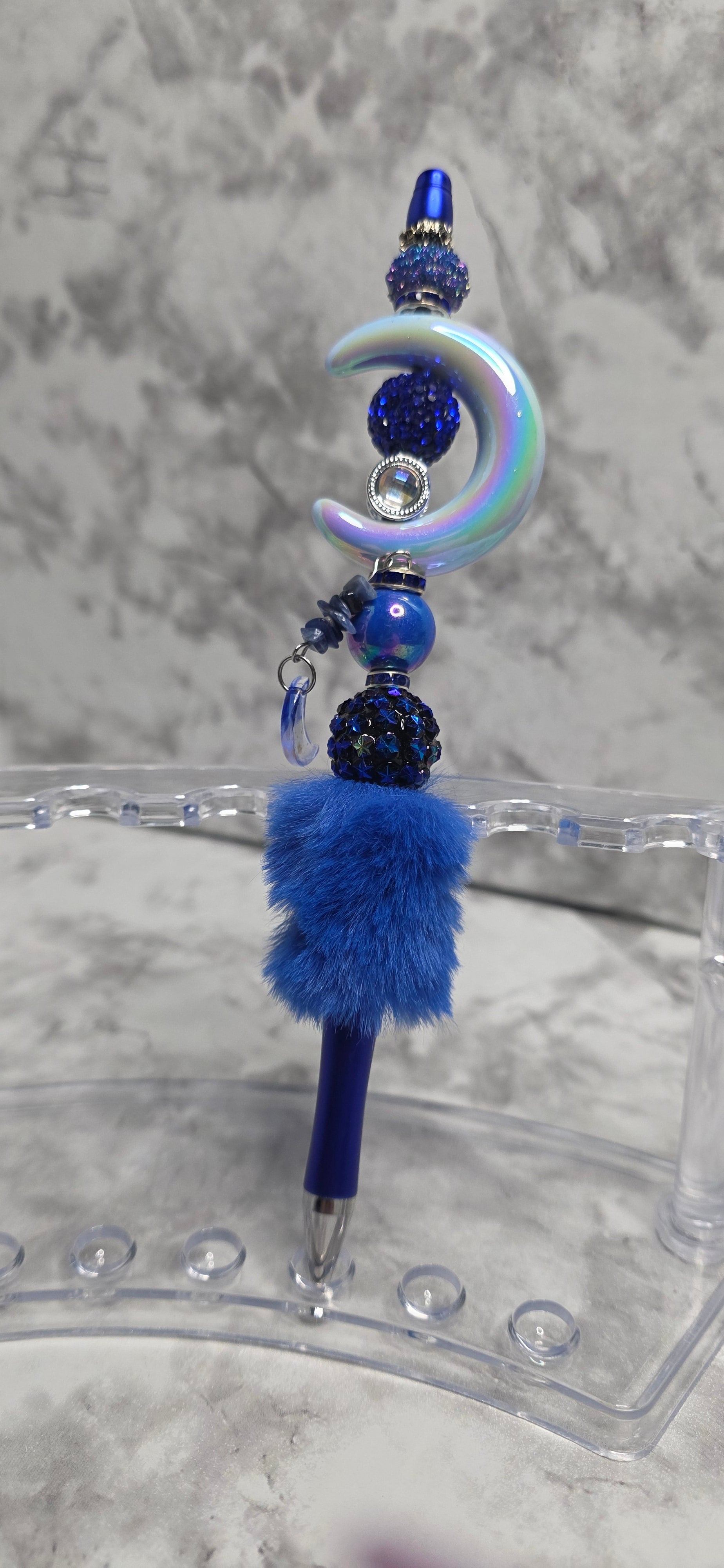 Celestial Moon Blue Beaded Pen with Faux Fur Charm – Handmade Statement Pen