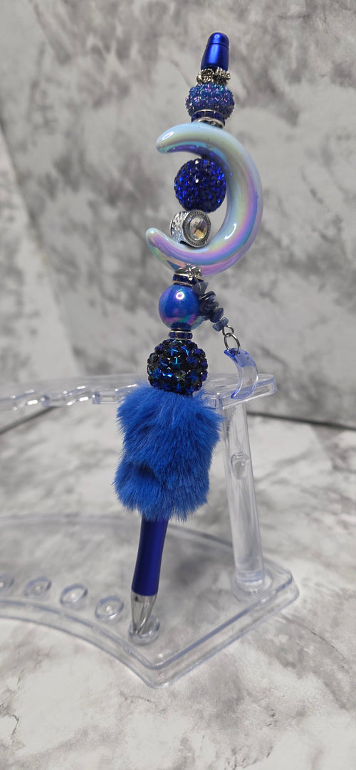 Celestial Moon Blue Beaded Pen with Faux Fur Charm – Handmade Statement Pen