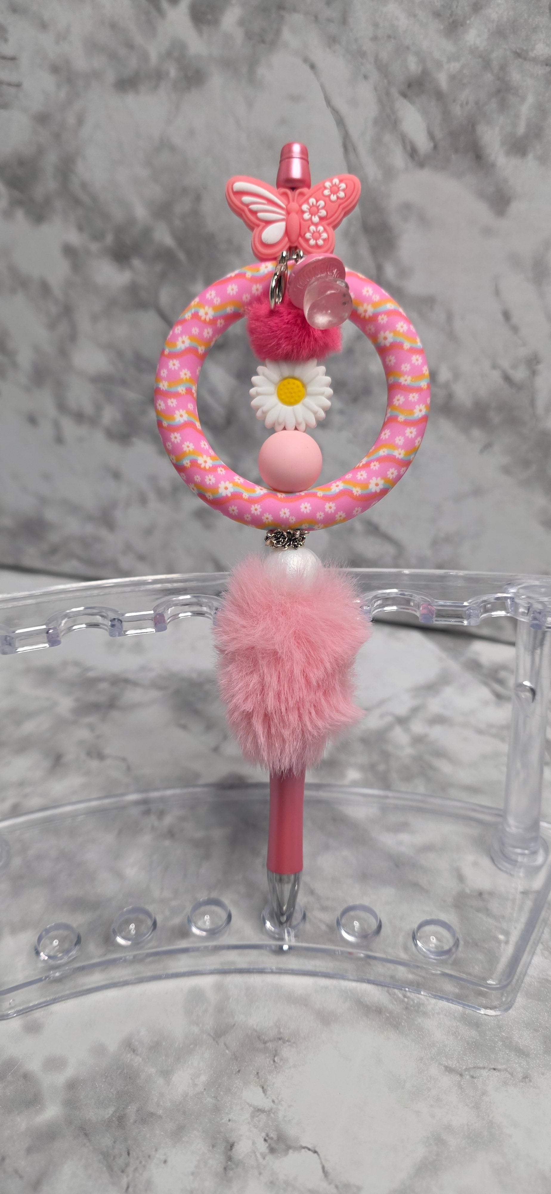 Pink Butterfly Daisy Beaded Pen with Faux Fur Charm – Handmade Cute Floral Pen
