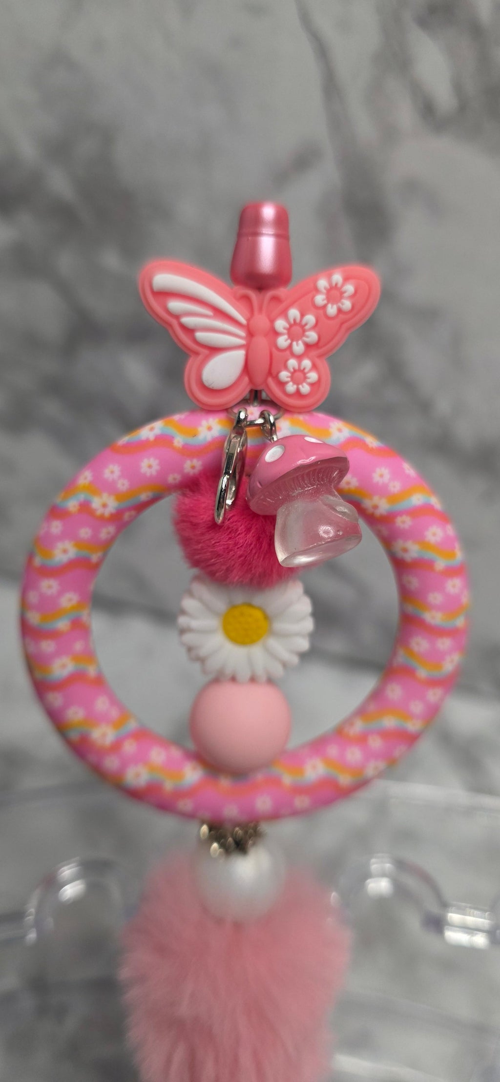 Pink Butterfly Daisy Beaded Pen with Faux Fur Charm – Handmade Cute Floral Pen