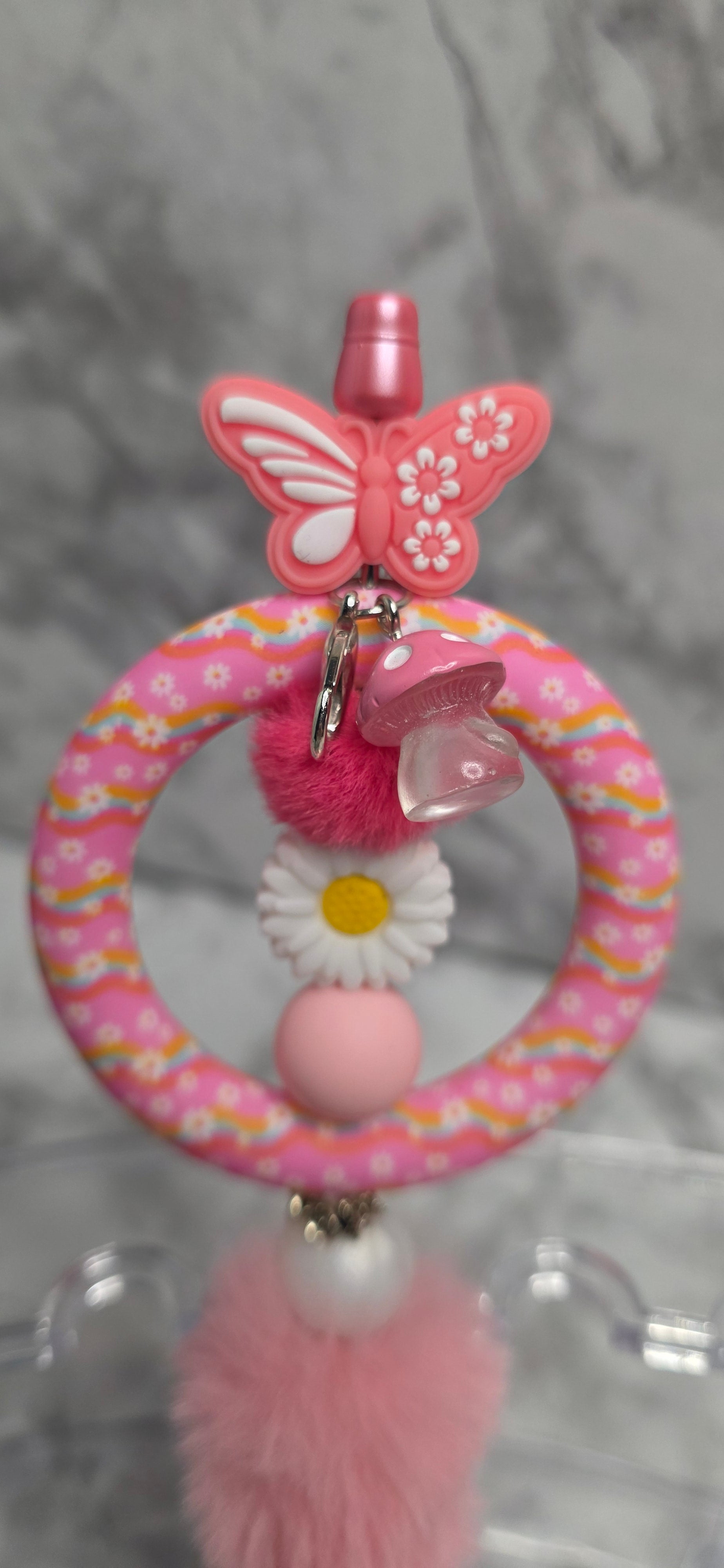 Pink Butterfly Daisy Beaded Pen with Faux Fur Charm – Handmade Cute Floral Pen