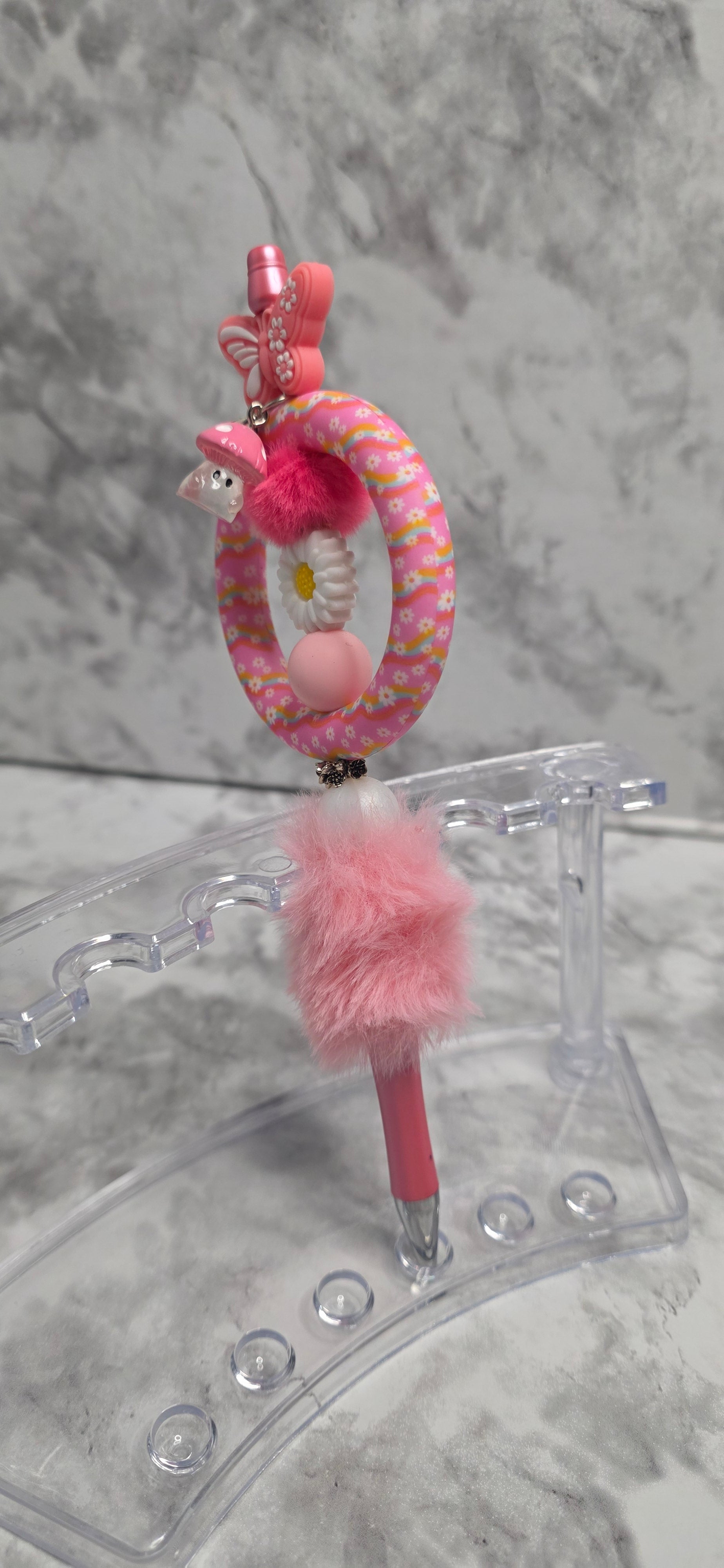 Pink Butterfly Daisy Beaded Pen with Faux Fur Charm – Handmade Cute Floral Pen
