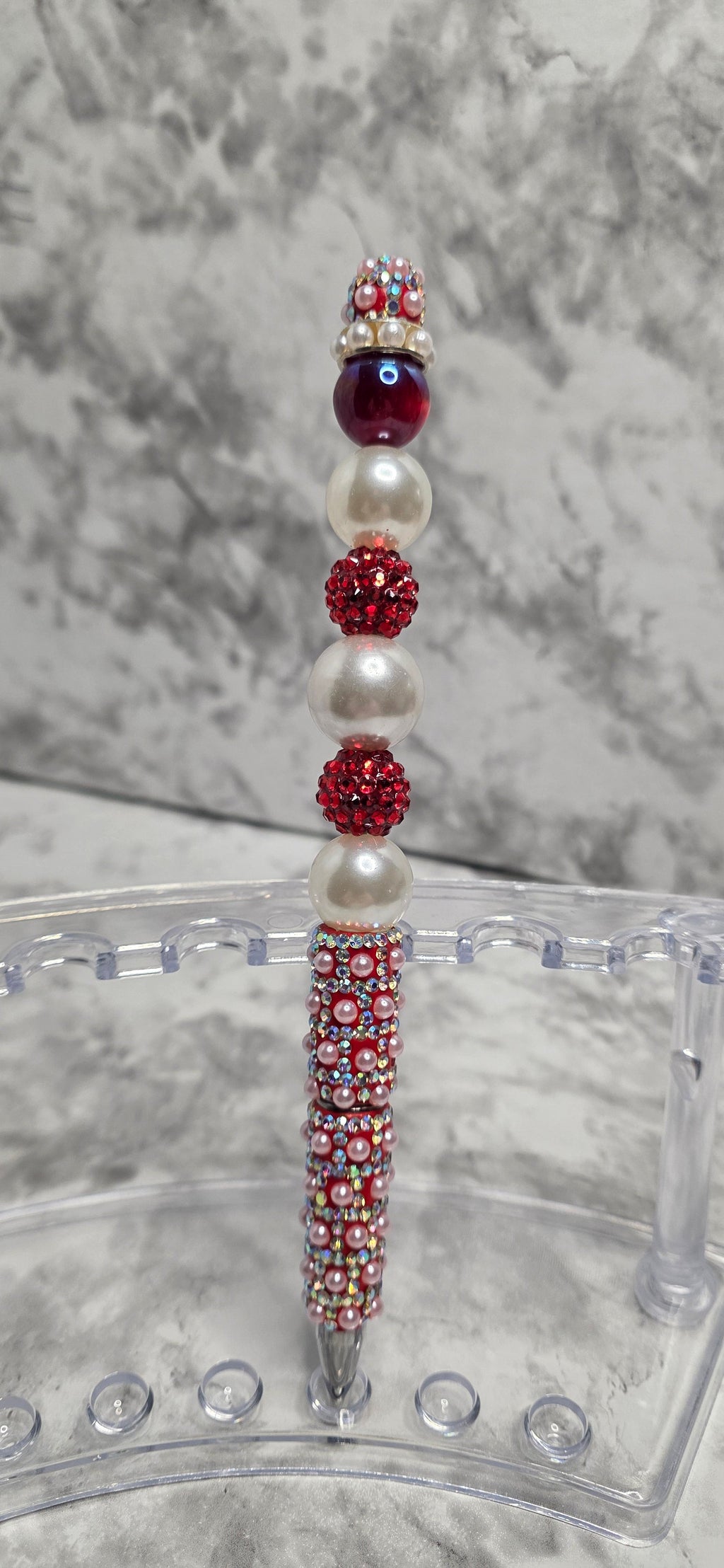 Red & Pearl Rhinestone Glam Pen – Handmade Luxury Beaded Statement Pen