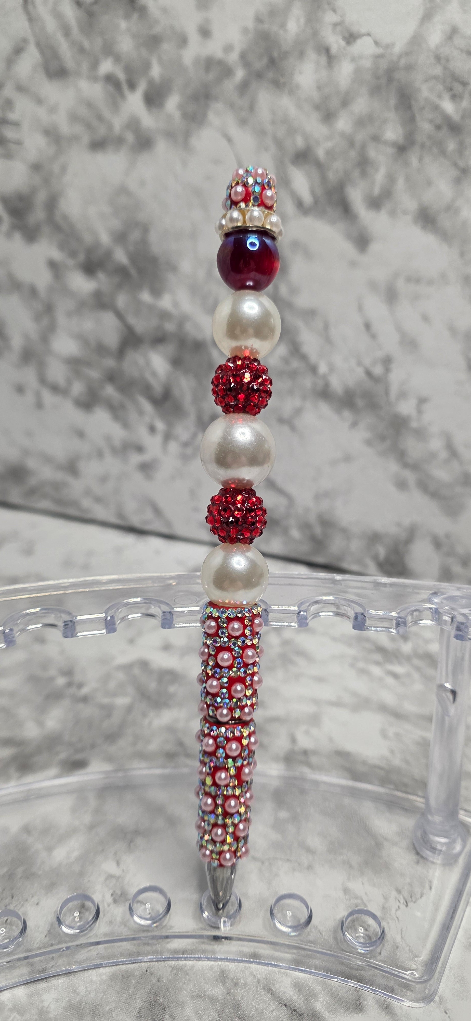 Red & Pearl Rhinestone Glam Pen – Handmade Luxury Beaded Statement Pen