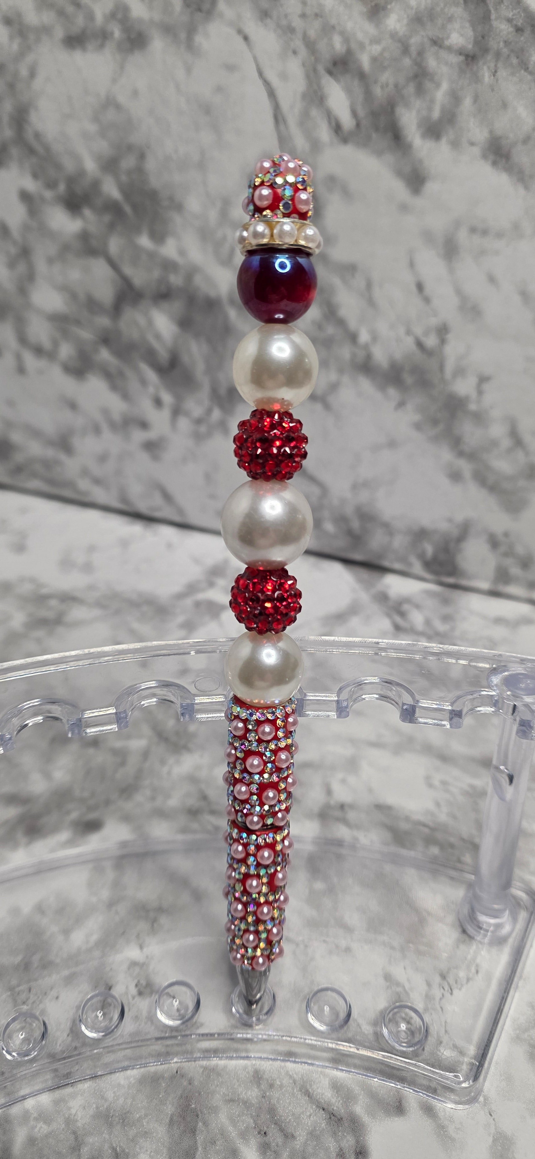 Red & Pearl Rhinestone Glam Pen – Handmade Luxury Beaded Statement Pen