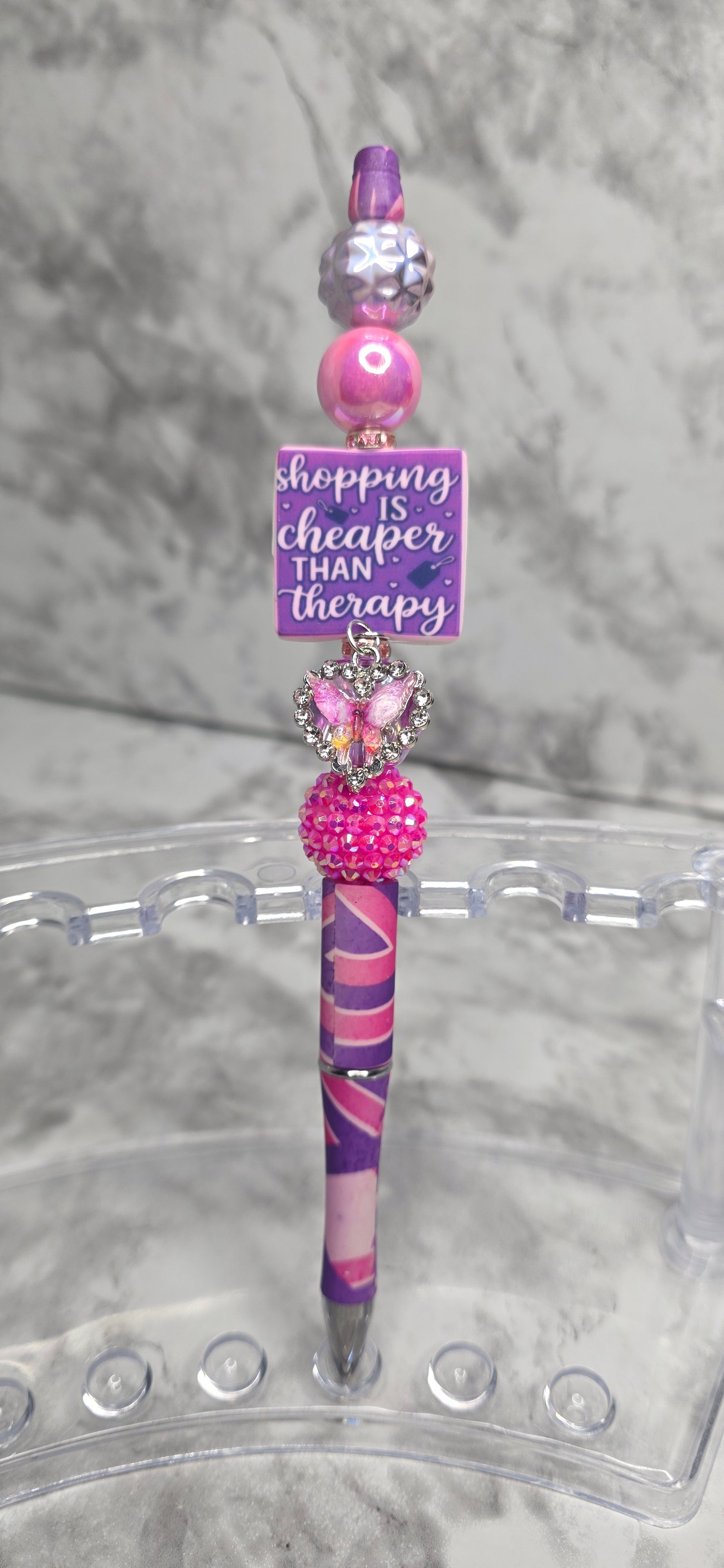 Shopping Is Cheaper Than Therapy Beaded Pen – Pink & Purple Sassy Statement Pen