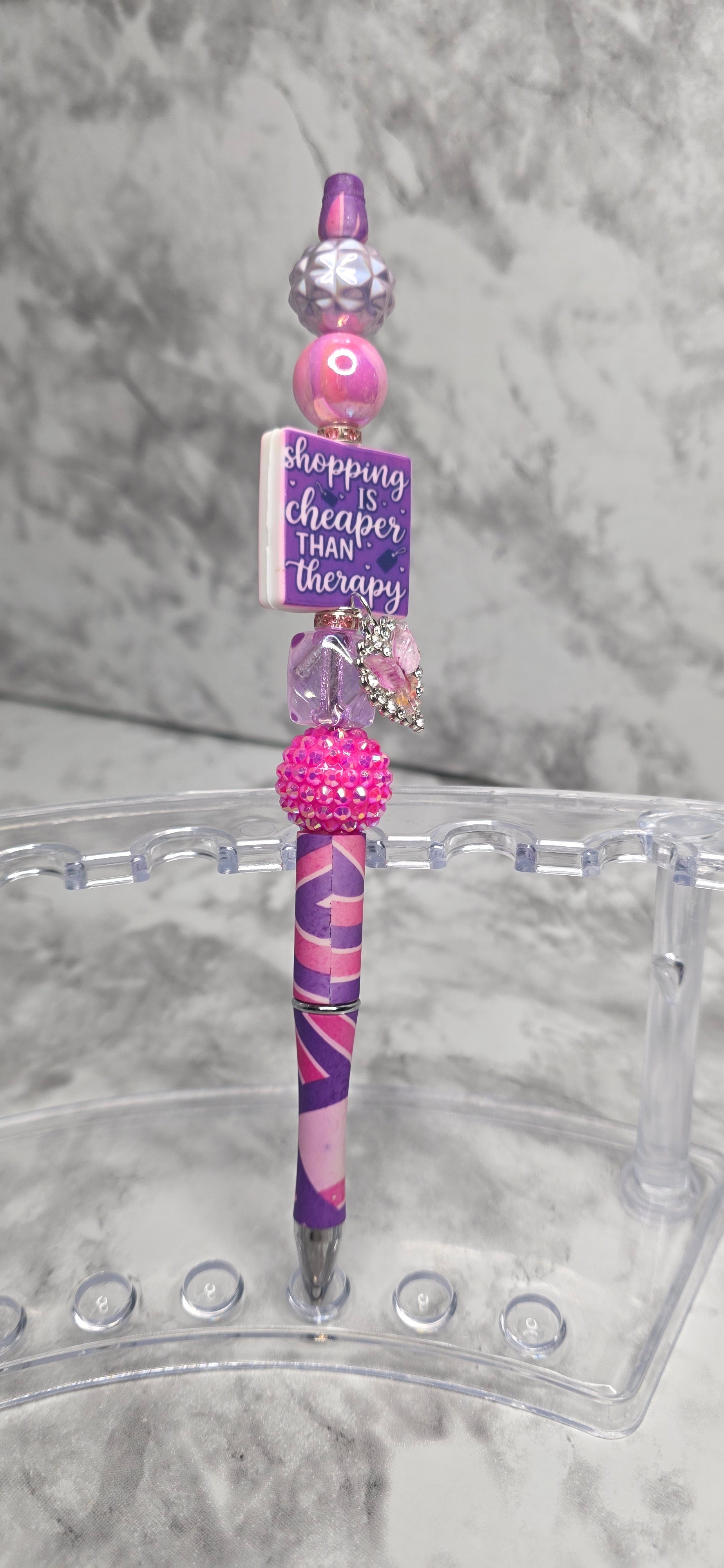 Shopping Is Cheaper Than Therapy Beaded Pen – Pink & Purple Sassy Statement Pen