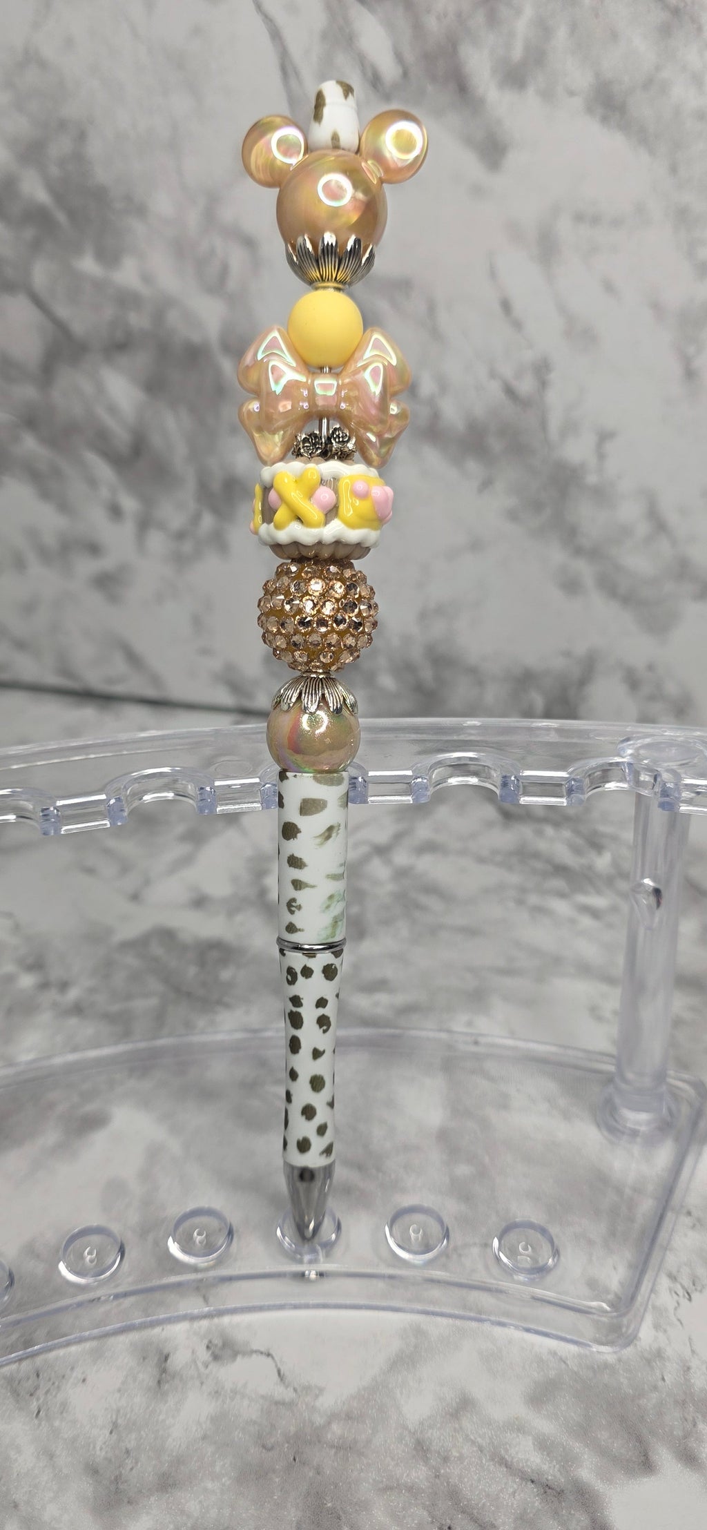 Sweet Dessert Caramel Mickey Beaded Pen – Gold & Pastel Handmade Statement Pen