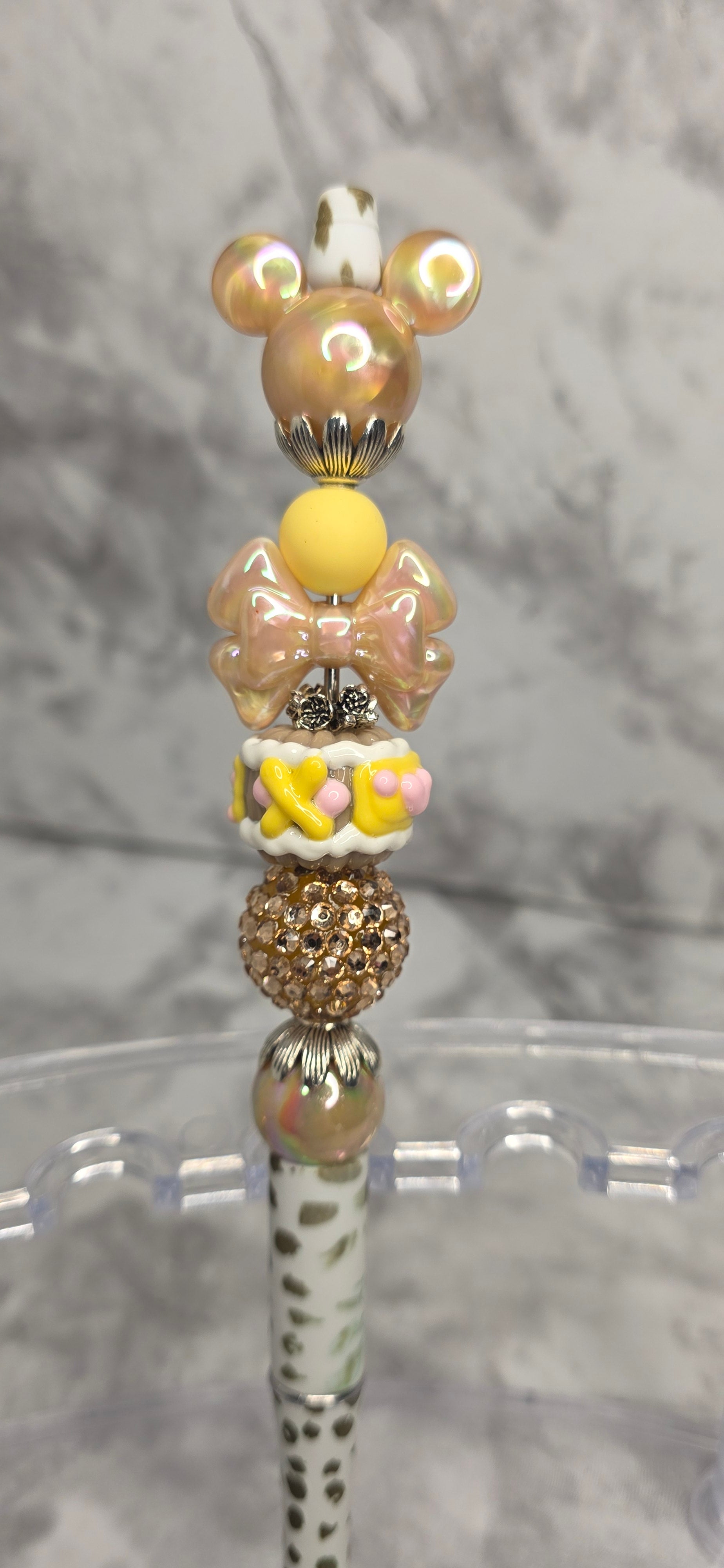 Sweet Dessert Caramel Mickey Beaded Pen – Gold & Pastel Handmade Statement Pen