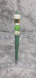 Coffee Lover Beaded Pen – Green Latte Cup Handmade Statement Pen