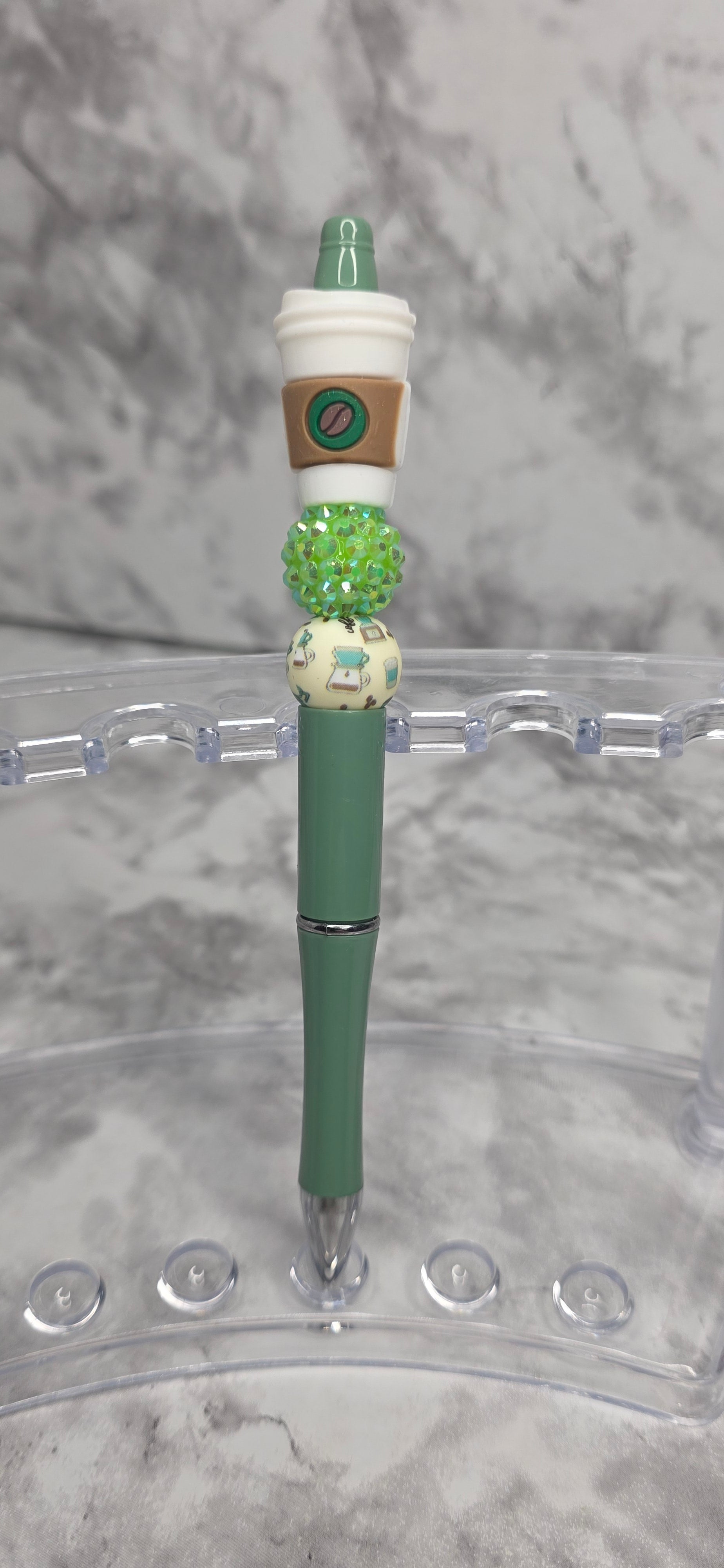 Coffee Lover Beaded Pen – Green Latte Cup Handmade Statement Pen