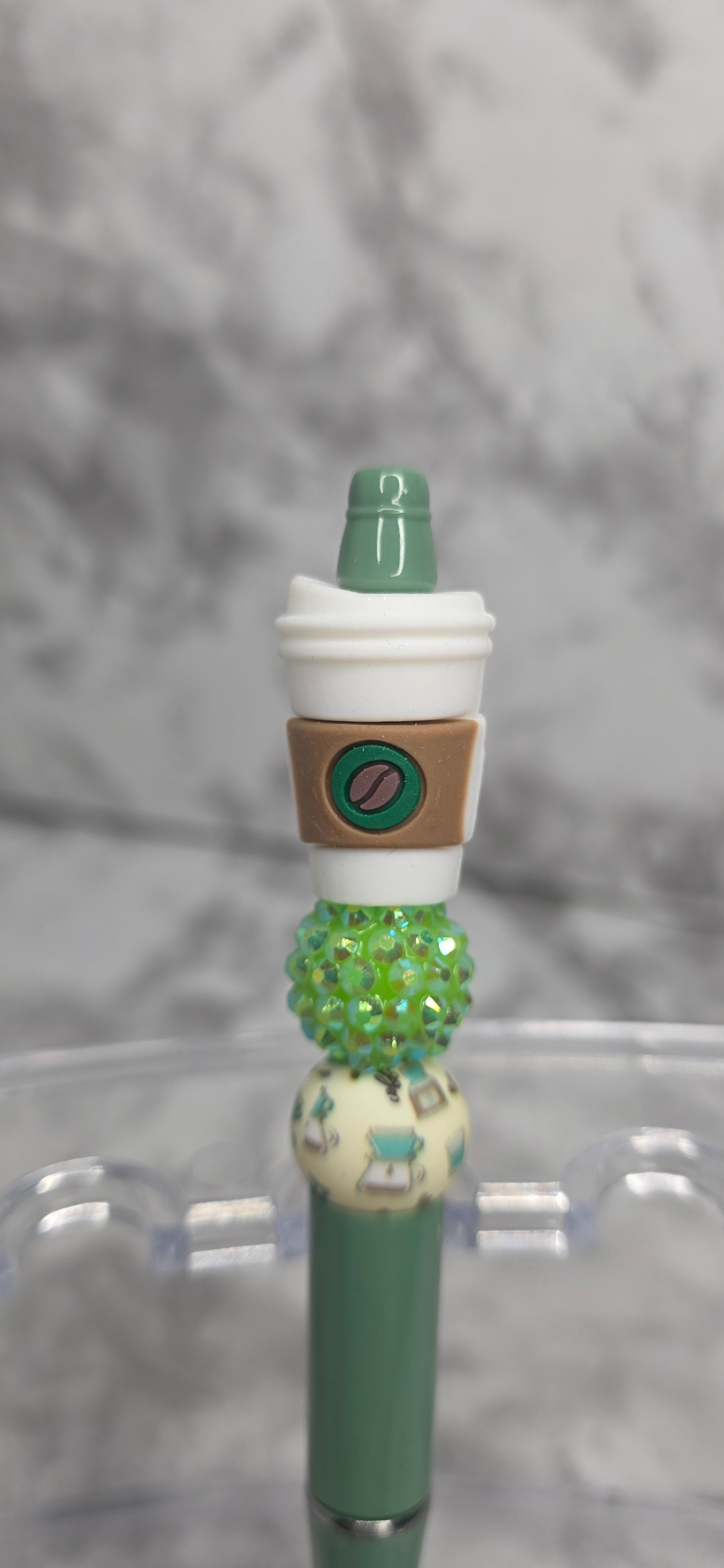 Coffee Lover Beaded Pen – Green Latte Cup Handmade Statement Pen