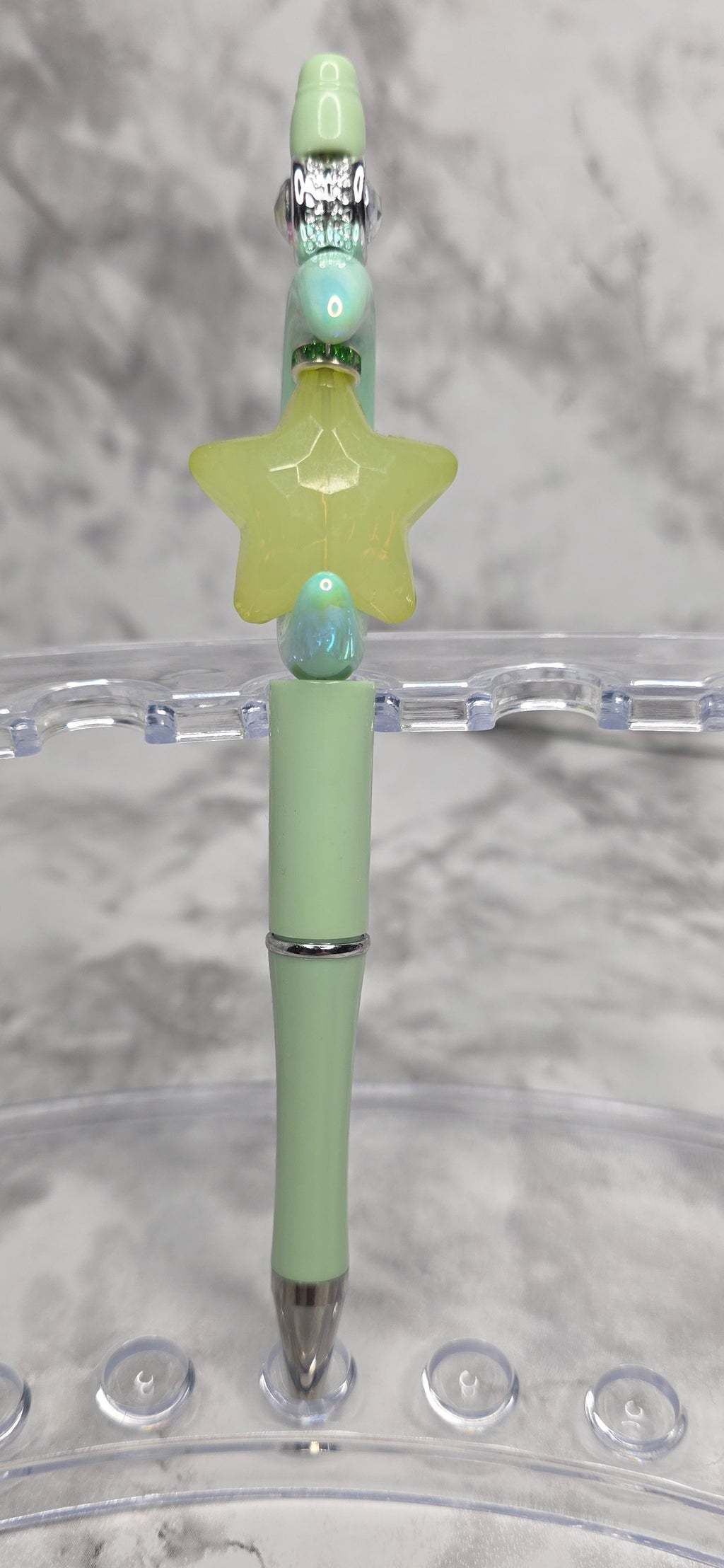 Mint Green Crescent Moon Beaded Pen – Iridescent Handmade Statement Pen