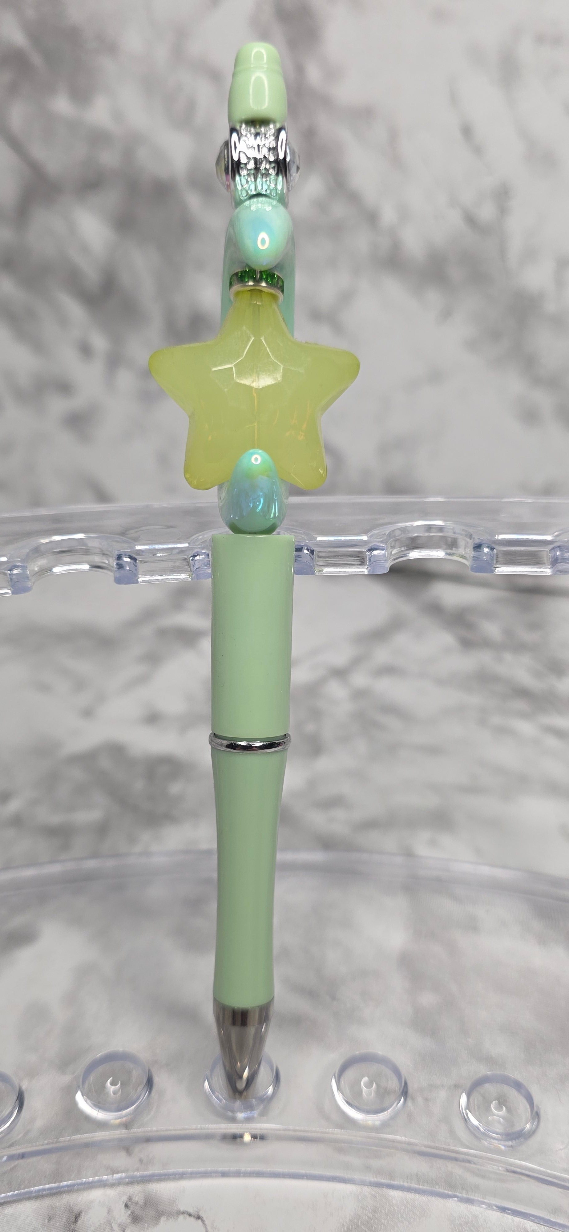 Mint Green Crescent Moon Beaded Pen – Iridescent Handmade Statement Pen