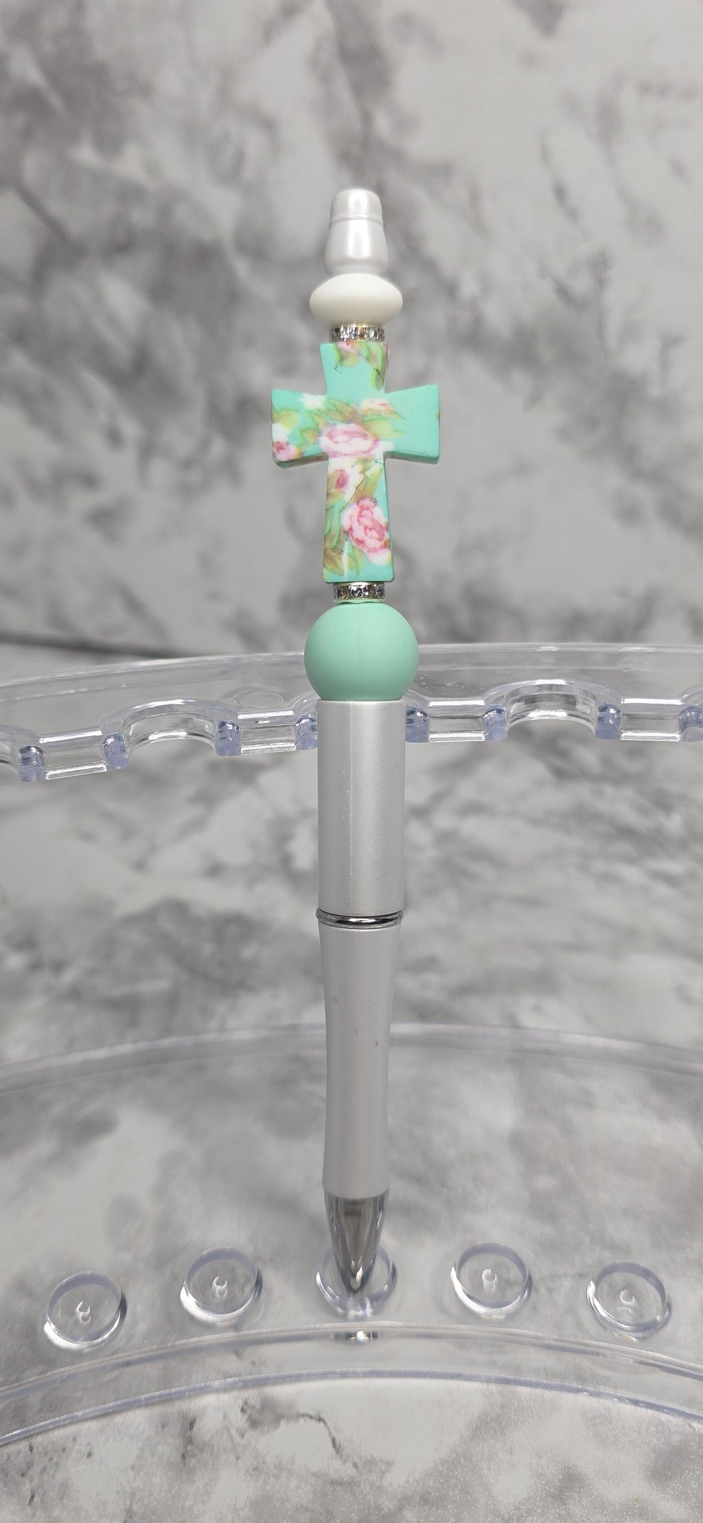 Floral Cross Beaded Pen – Mint Green Faith-Inspired Statement Pen