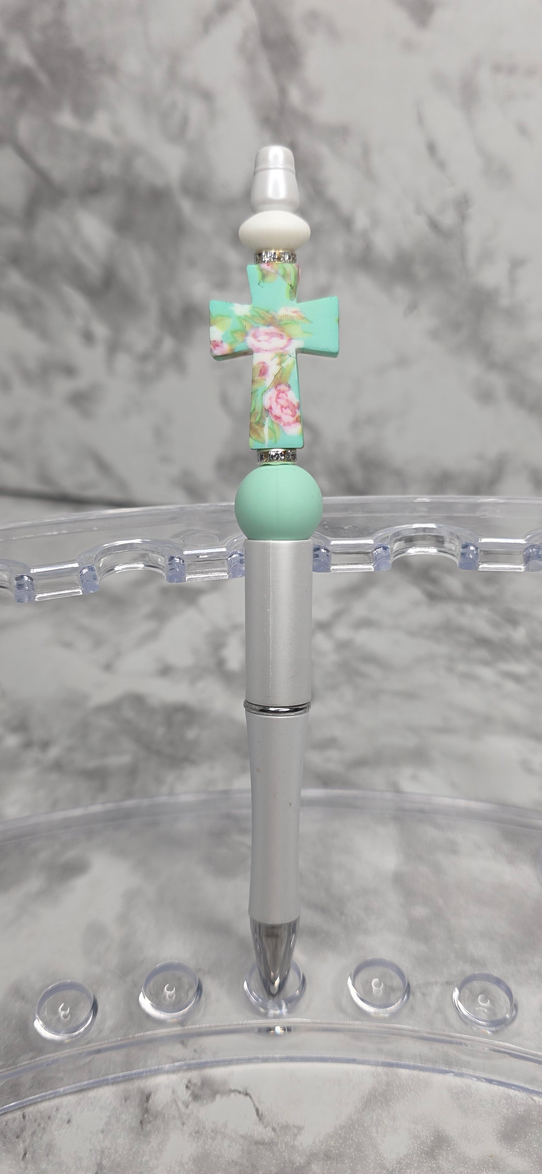 Floral Cross Beaded Pen – Mint Green Faith-Inspired Statement Pen