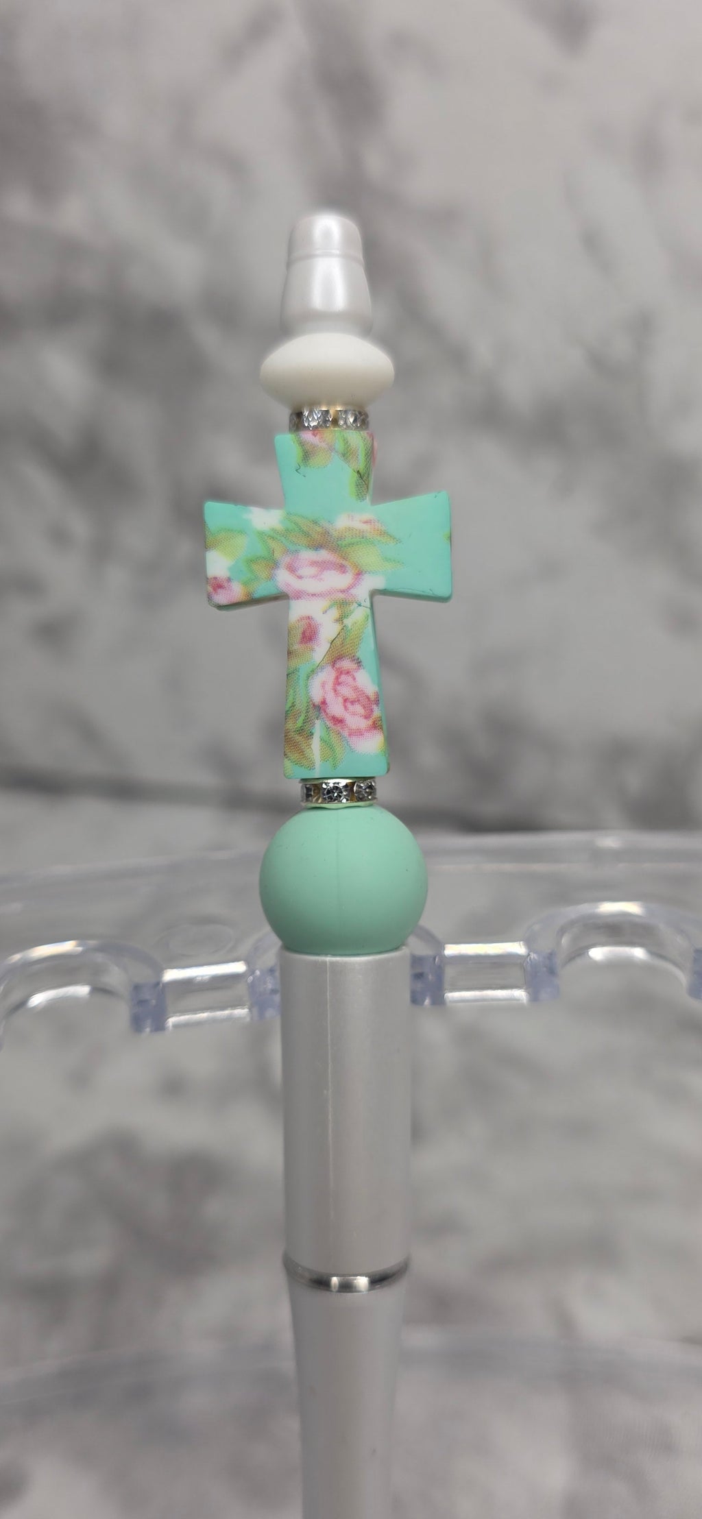 Floral Cross Beaded Pen – Mint Green Faith-Inspired Statement Pen