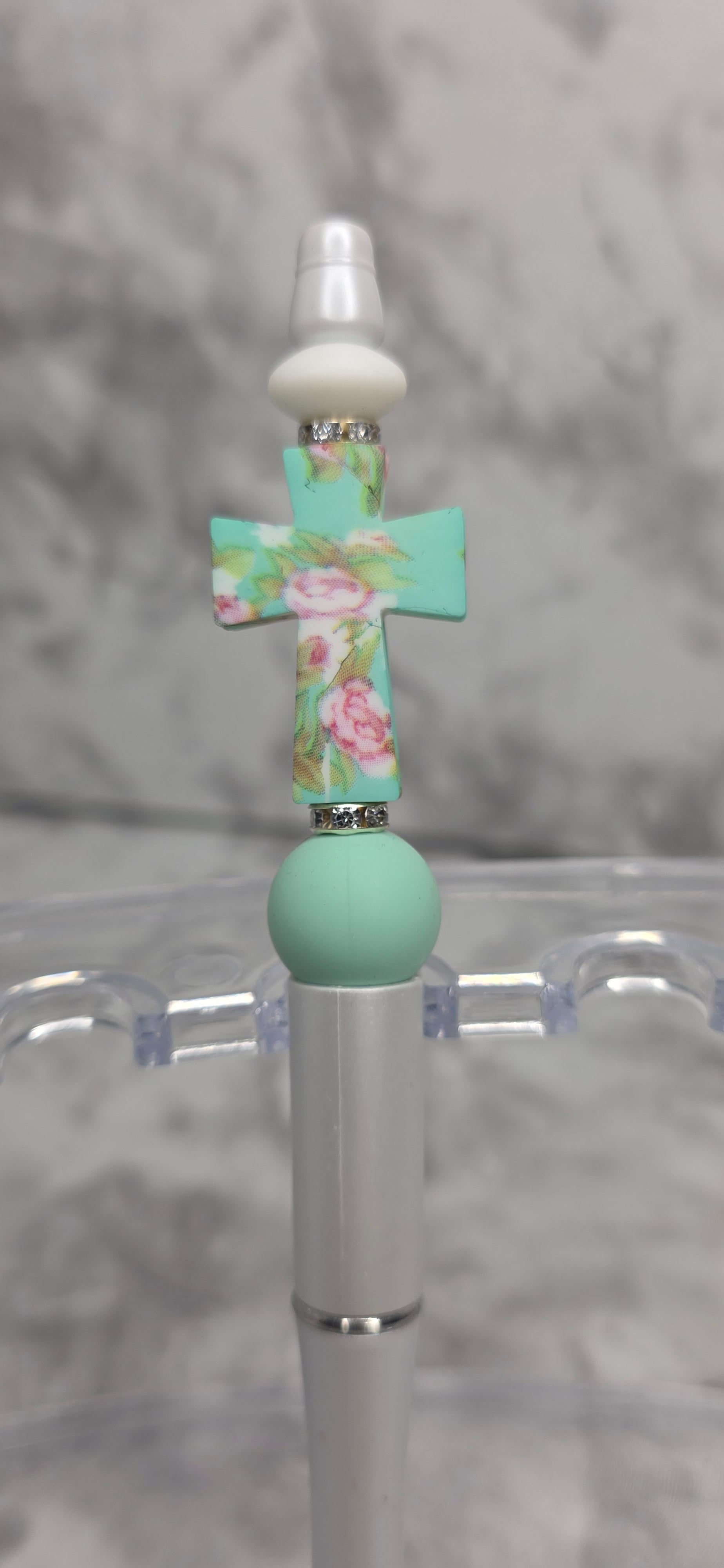 Floral Cross Beaded Pen – Mint Green Faith-Inspired Statement Pen