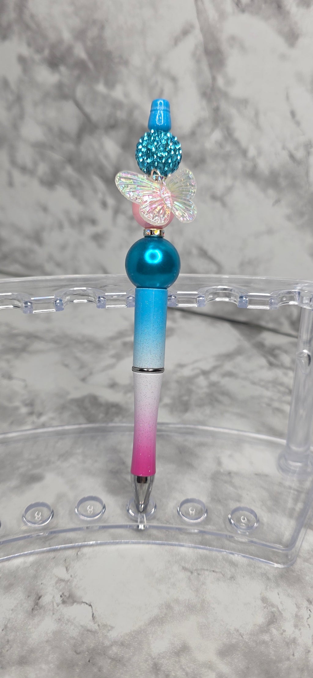 Iridescent Butterfly Beaded Pen – Blue & Pink Gradient Statement Pen