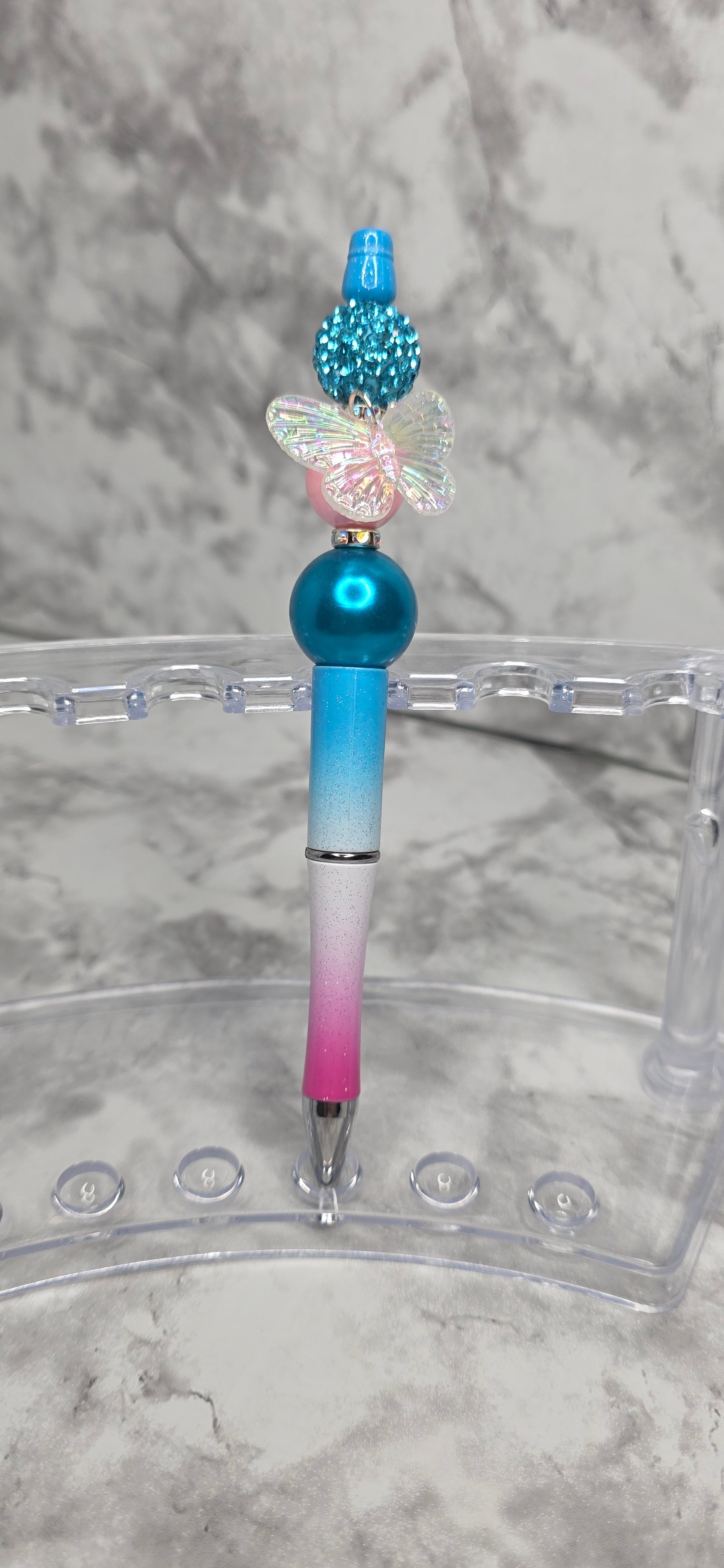 Iridescent Butterfly Beaded Pen – Blue & Pink Gradient Statement Pen