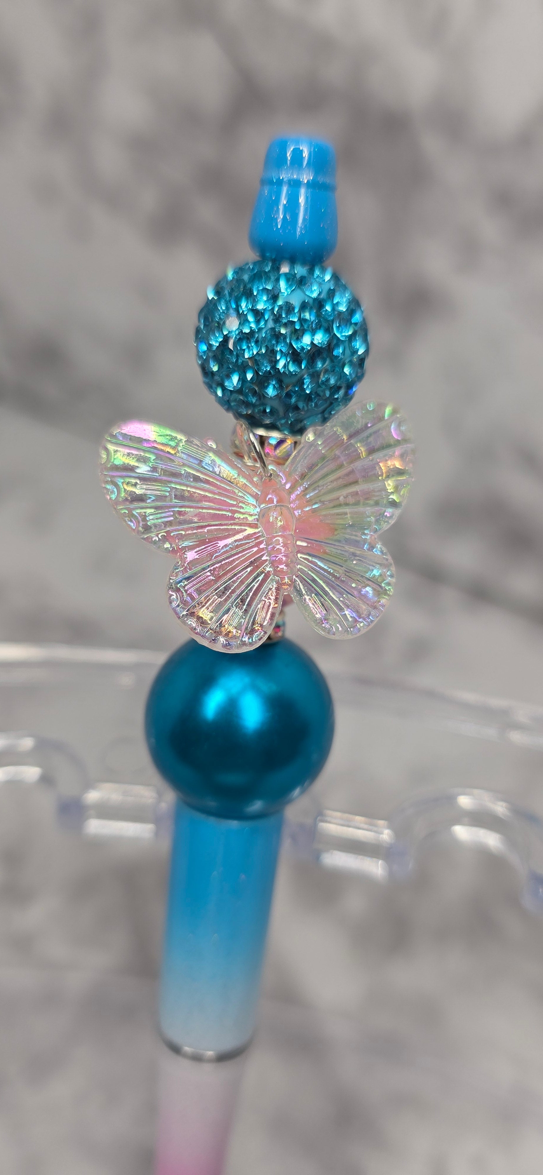 Iridescent Butterfly Beaded Pen – Blue & Pink Gradient Statement Pen