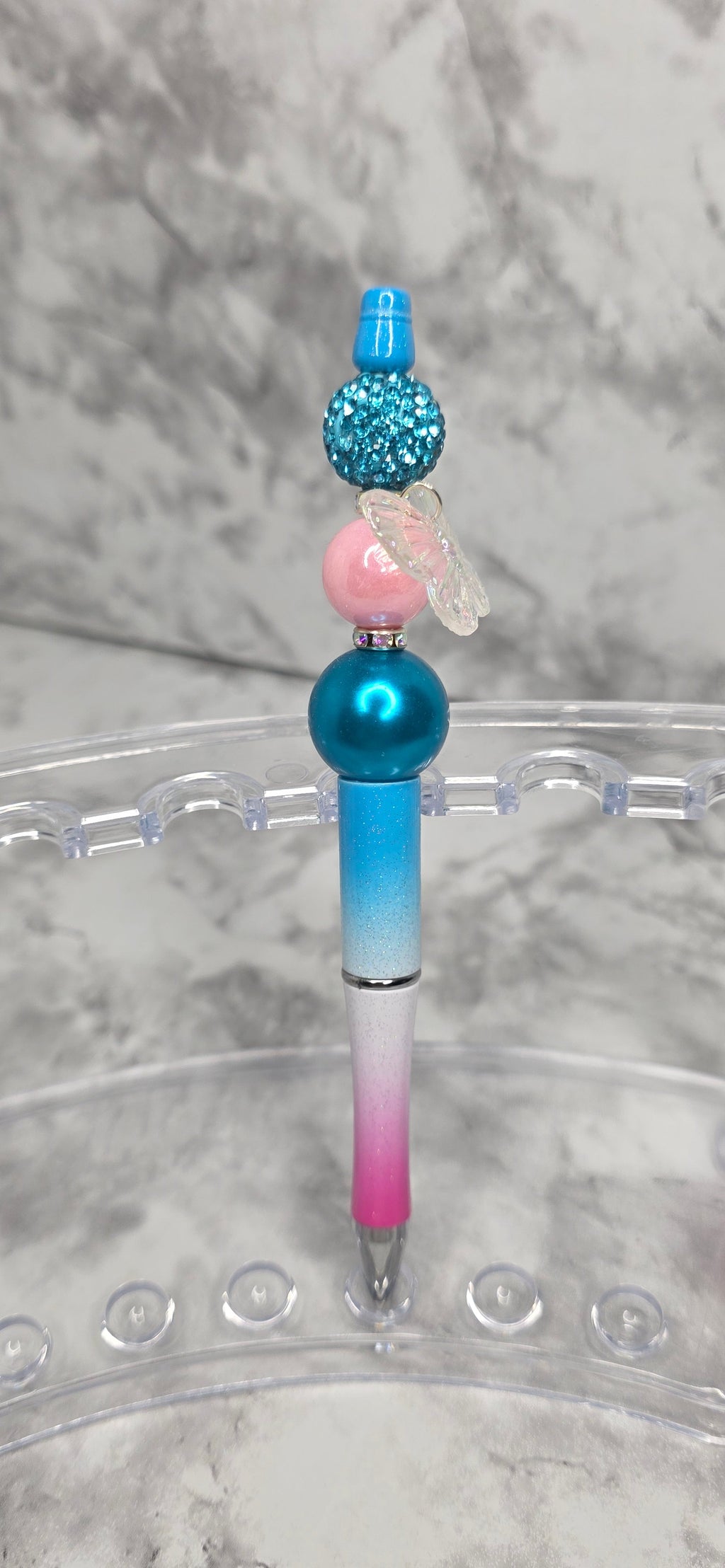 Iridescent Butterfly Beaded Pen – Blue & Pink Gradient Statement Pen