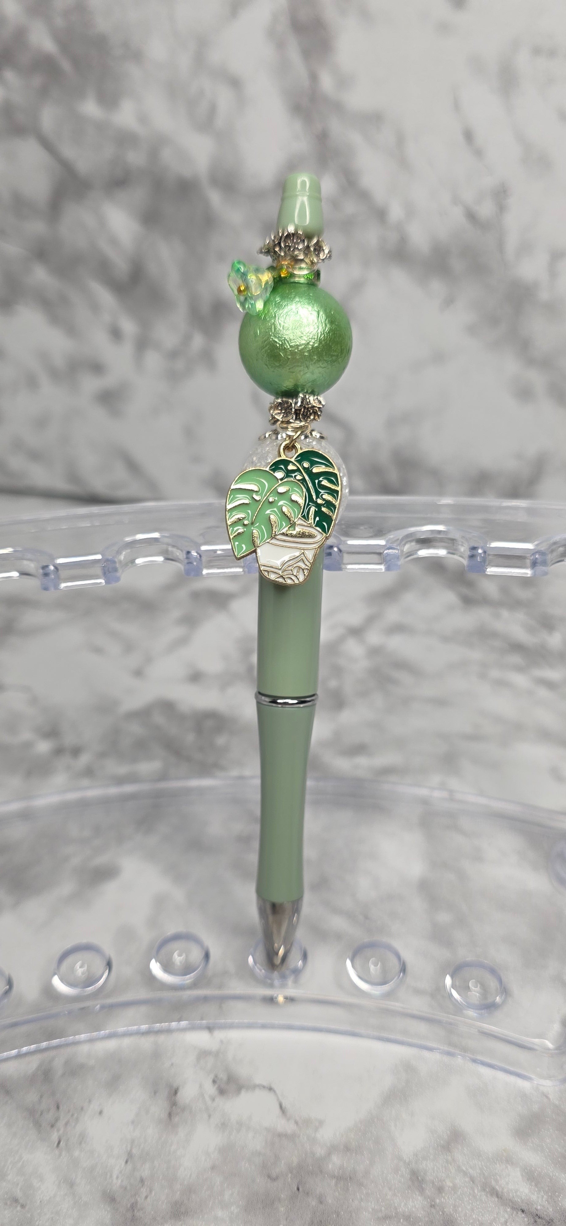 Monstera Plant Beaded Pen – Green Botanical Statement Pen