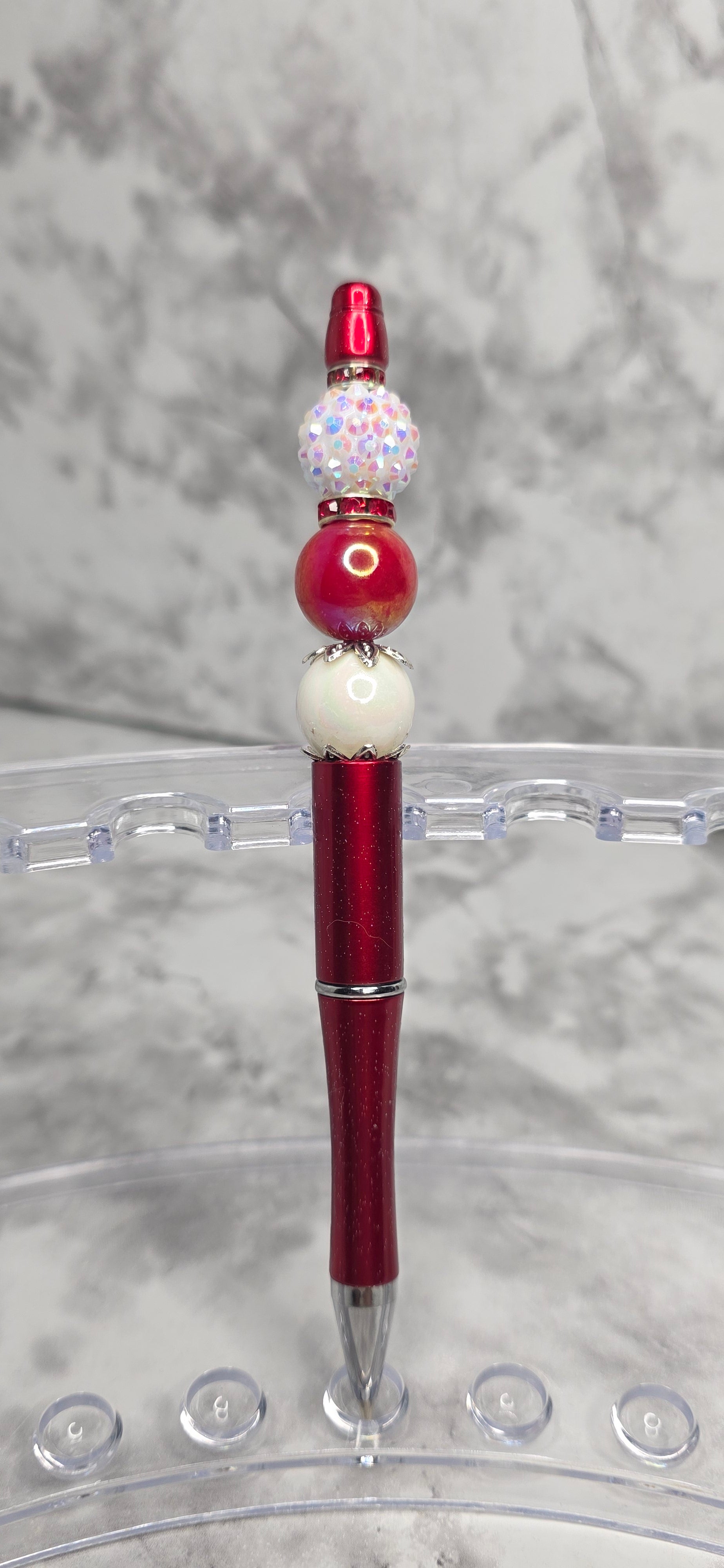 Red & Pearl Beaded Pen – Classic Glam Handmade Statement Pen