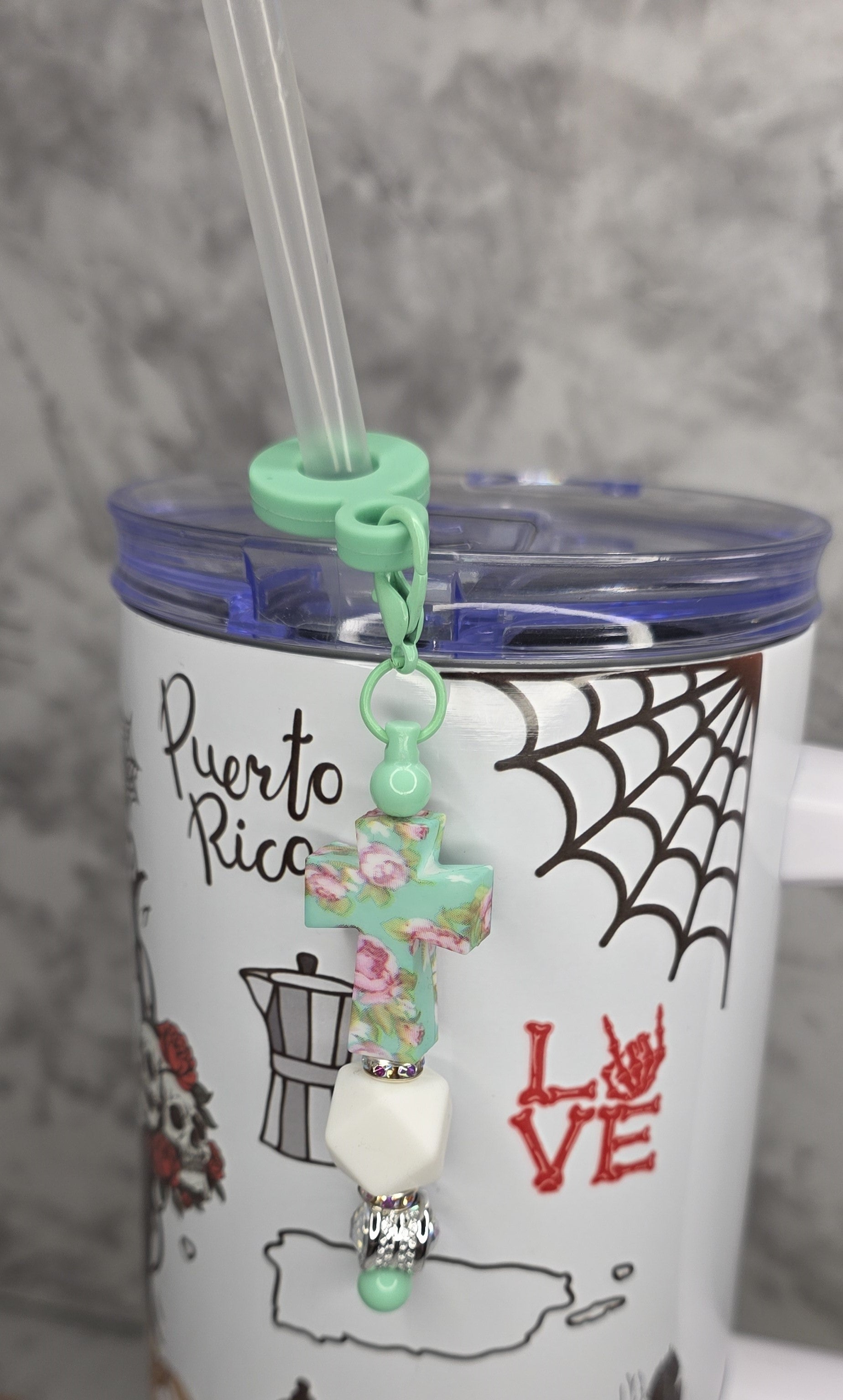 Mint Floral Cross Straw Charm – Faith-Inspired Cup Accessory
