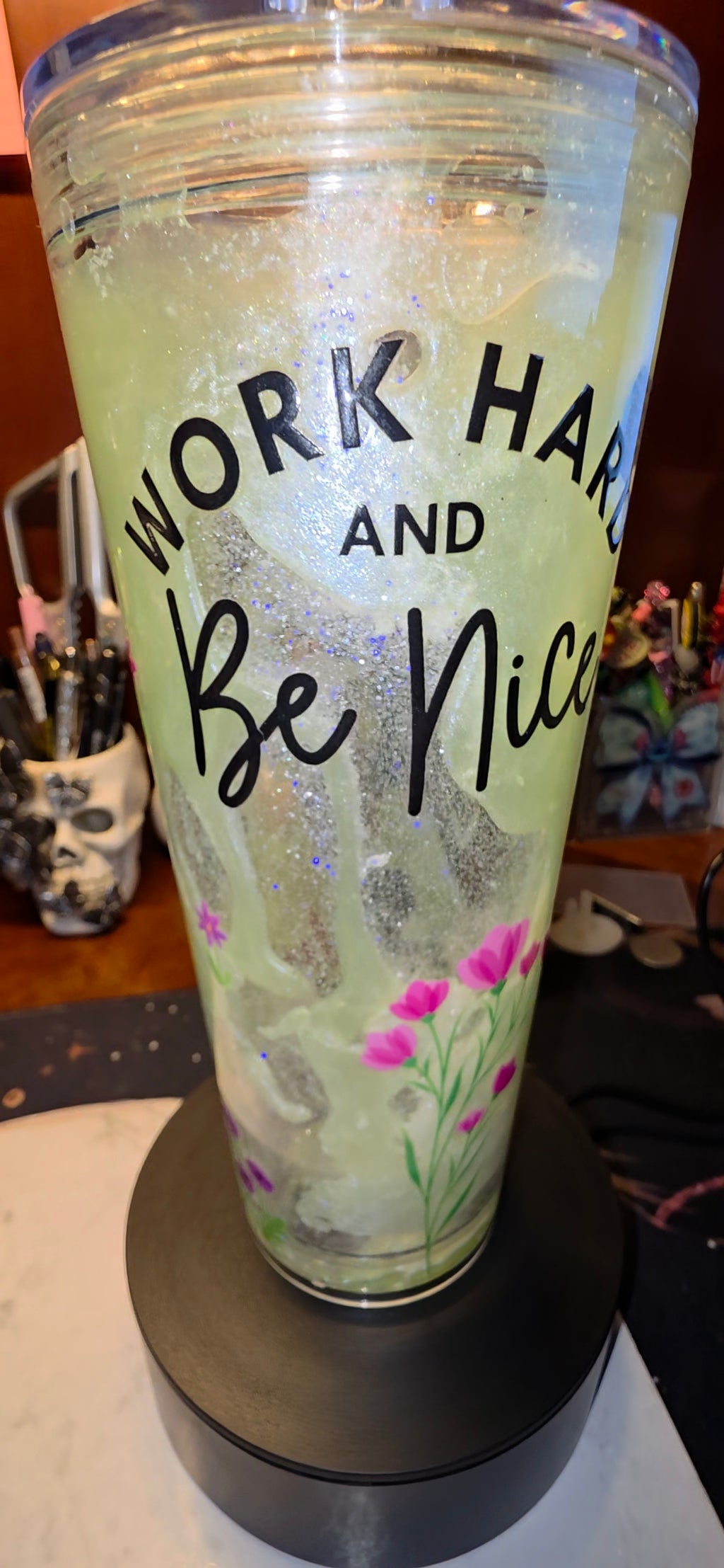 Floral “Work Hard and Be Nice” Snow-Globe Tumbler