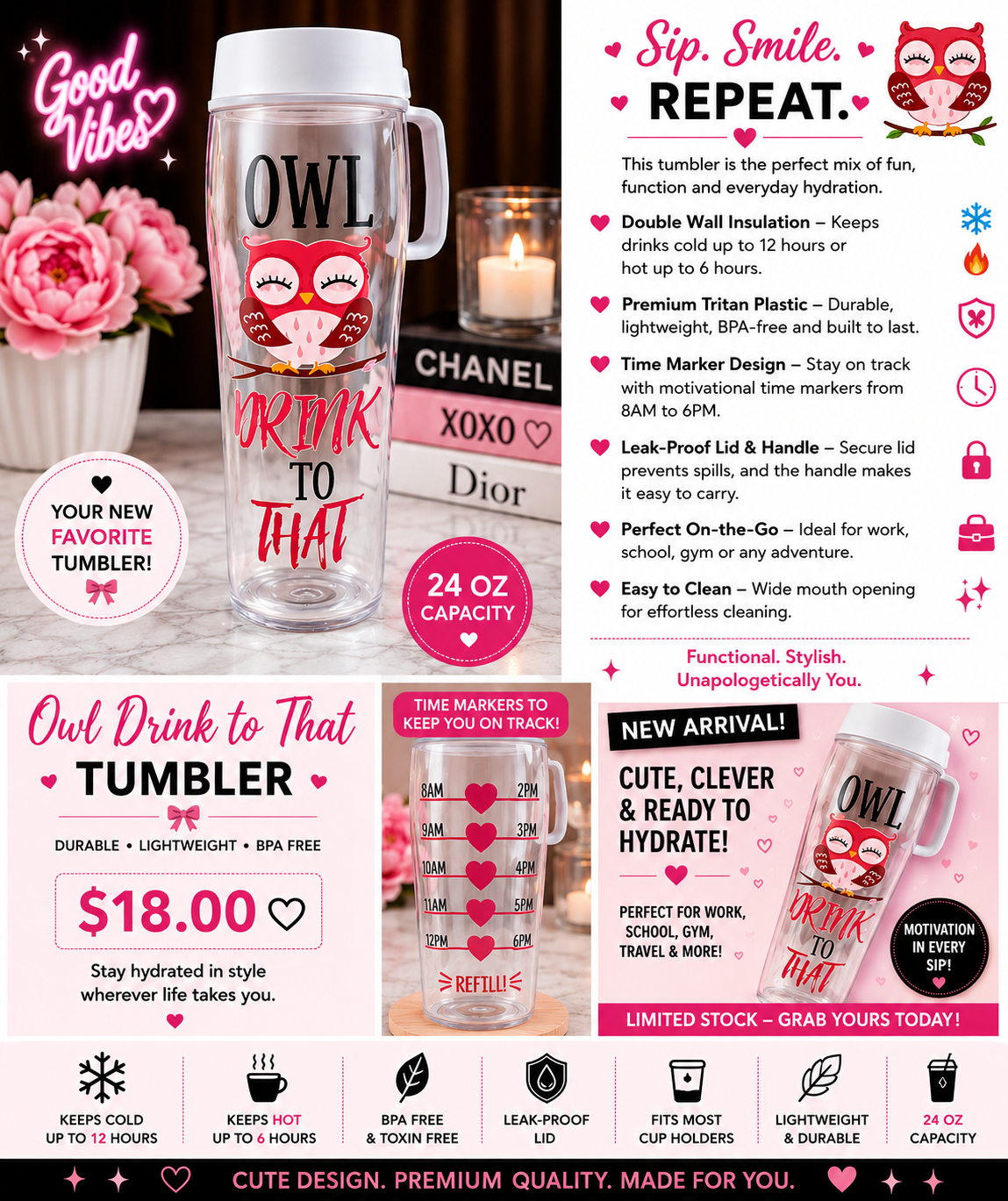 Owl "Drink to That" Motivational Water Bottle – 24 oz