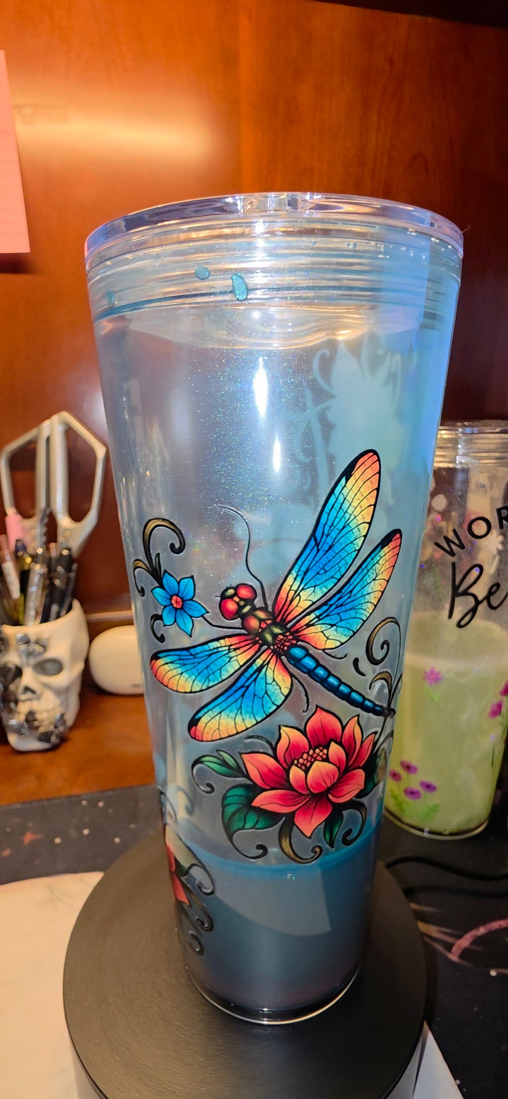 Blue Dragonfly & Floral Snow-Globe Tumbler
