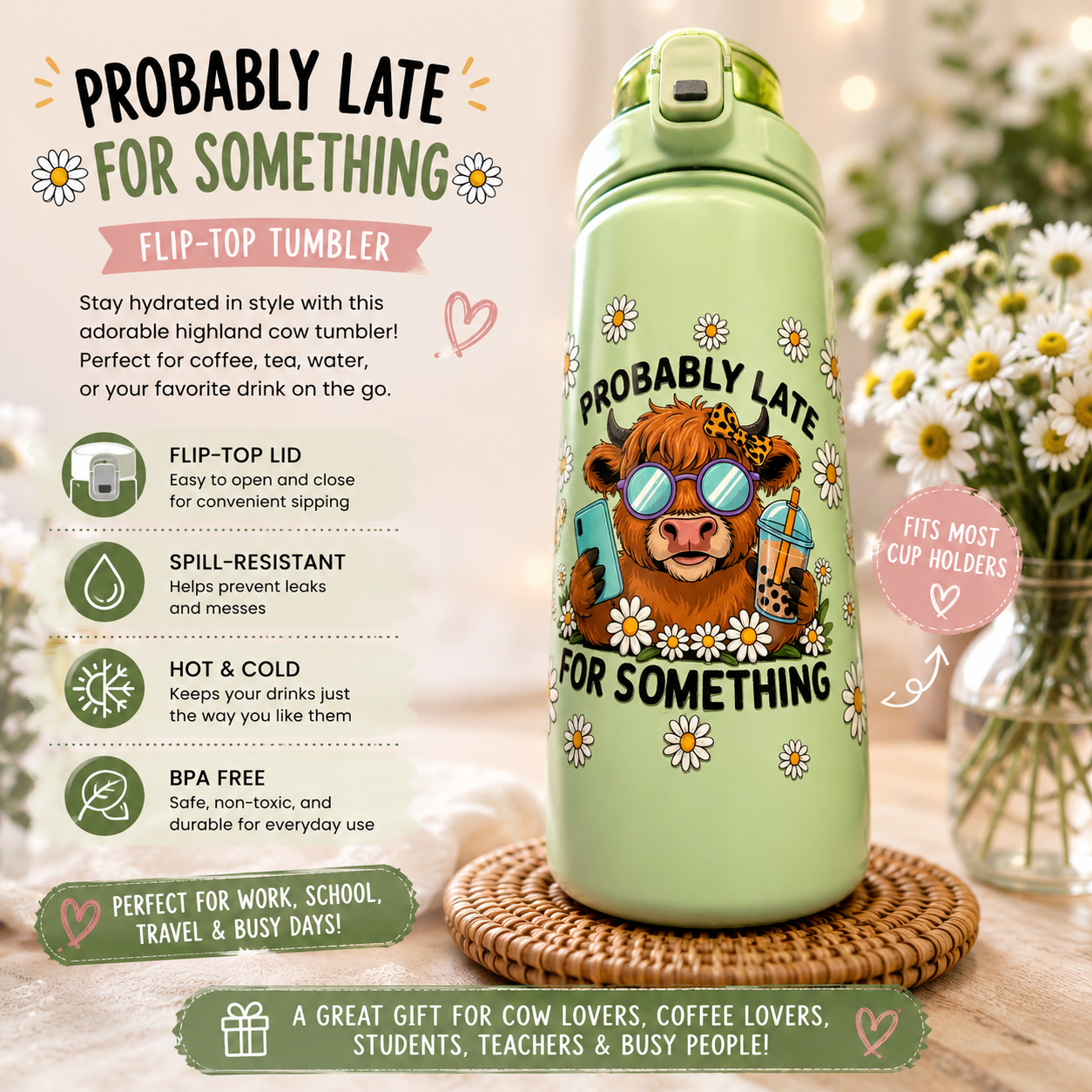 Probably Late for Something – Highland Cow Flip-Top Water Bottle (24 oz)