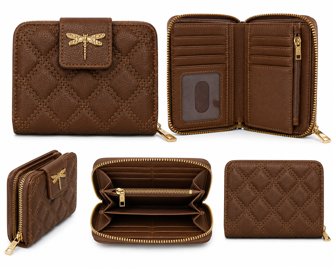 Golden Mini Dragonfly Quilted Wallet – Rich Cocoa Brown