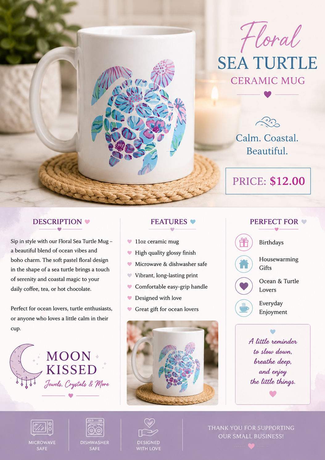 Floral Sea Turtle Ceramic Mug