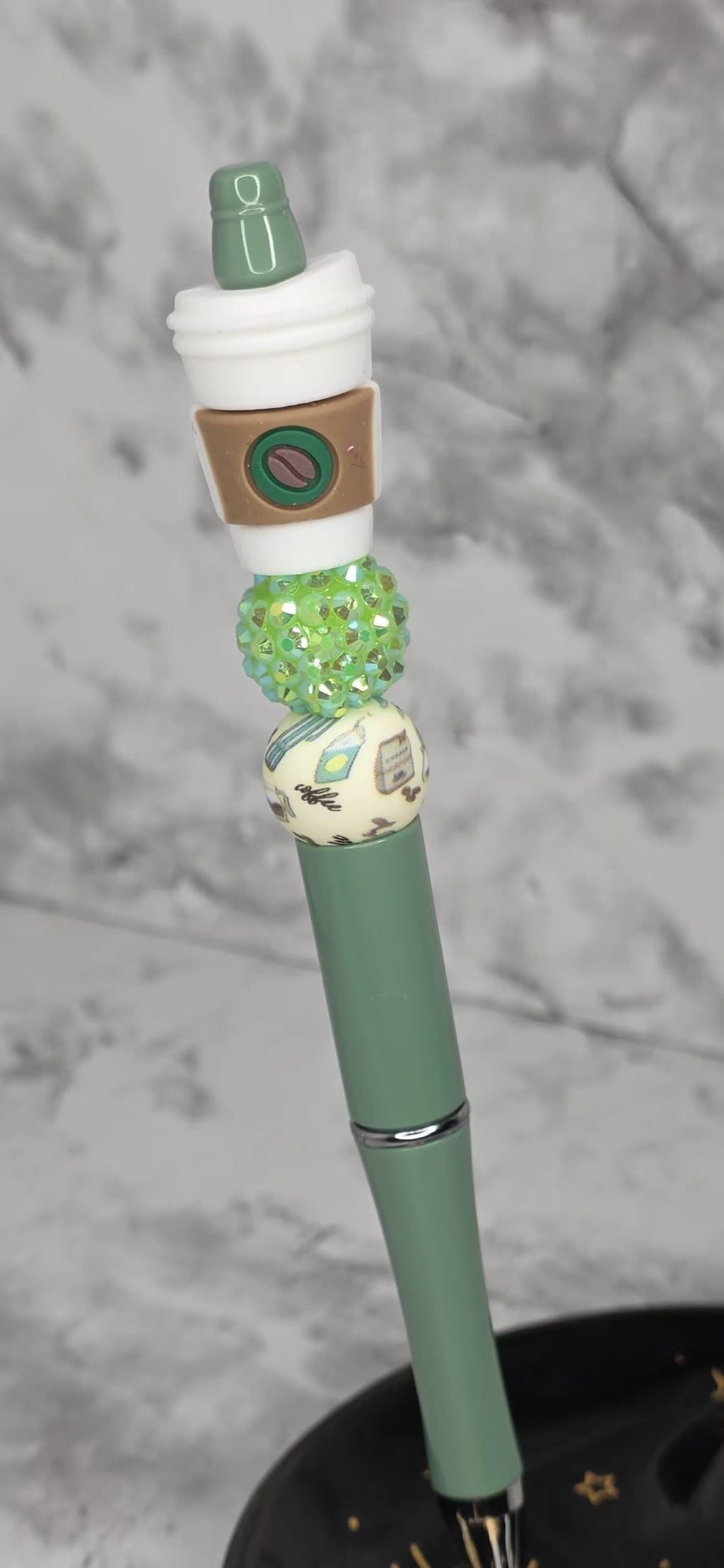 Coffee Lover Beaded Pen – Green Latte Cup Handmade Statement Pen