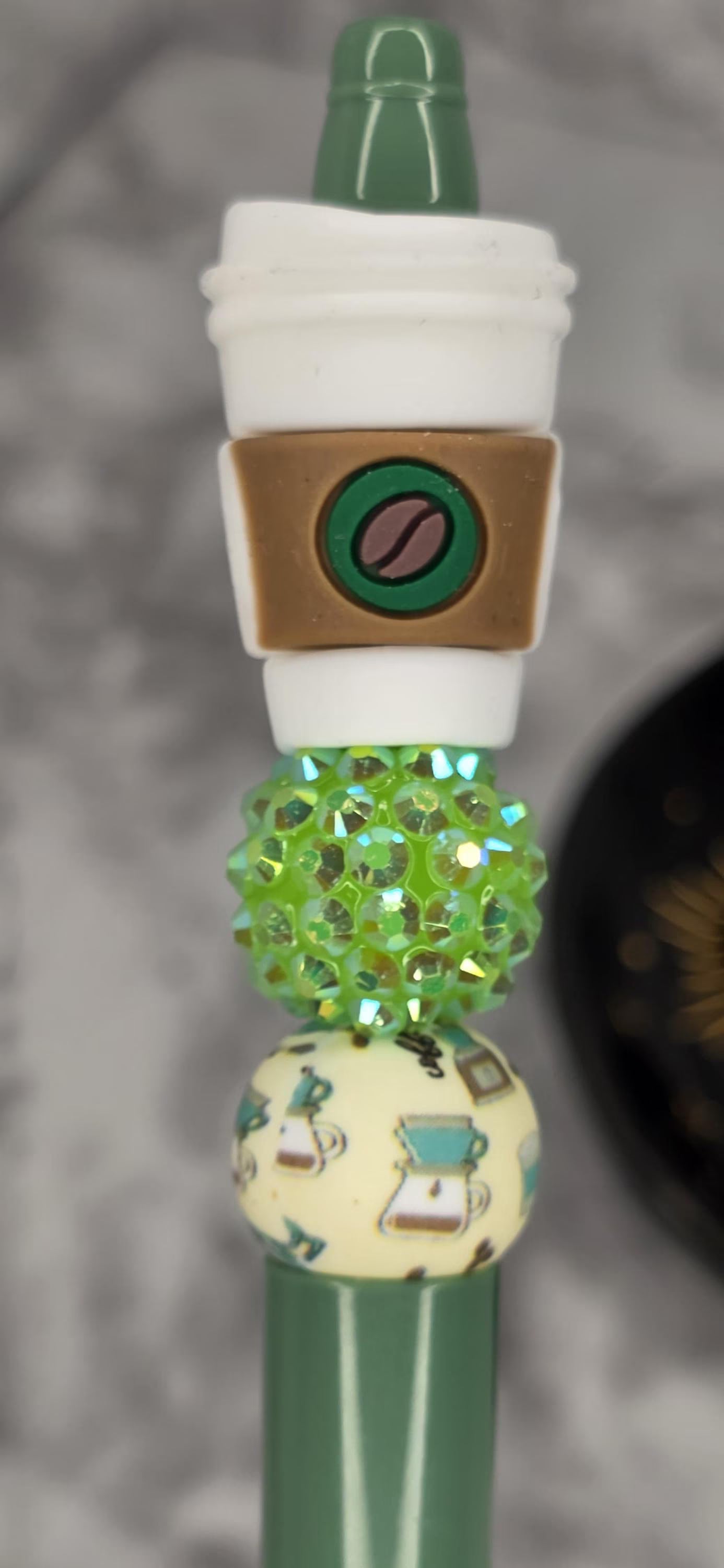 Coffee Lover Beaded Pen – Green Latte Cup Handmade Statement Pen