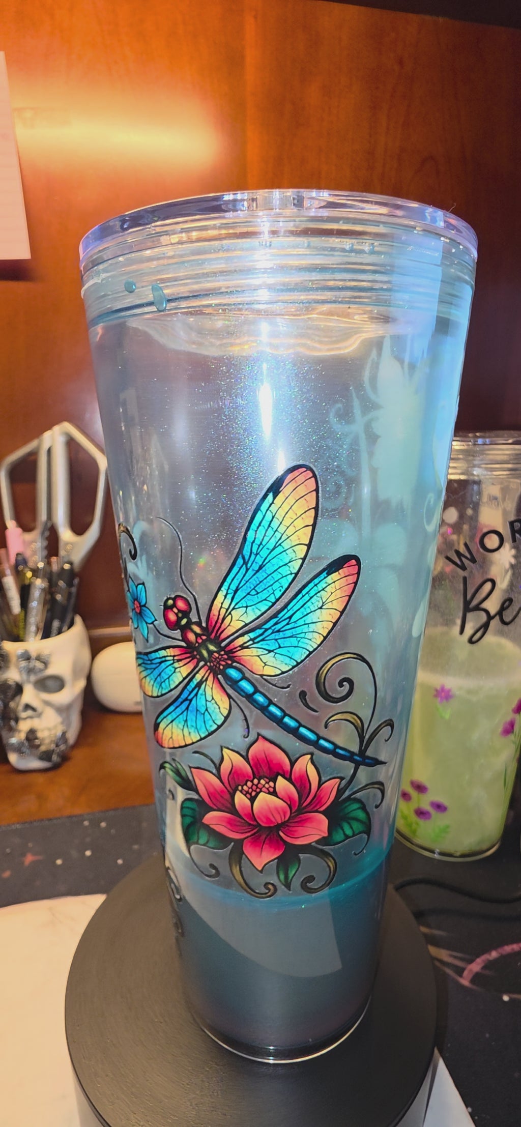 Blue Dragonfly & Floral Snow-Globe Tumbler
