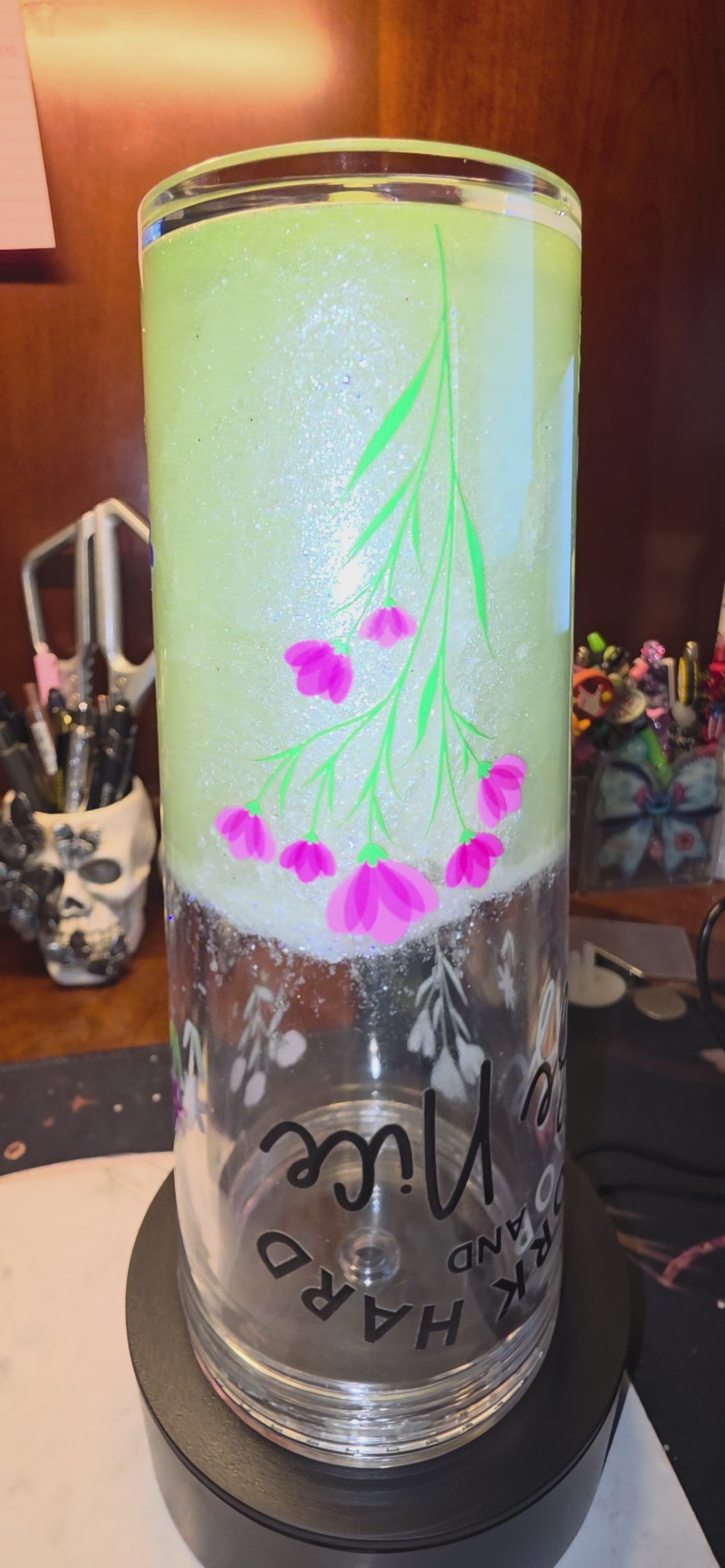 Floral “Work Hard and Be Nice” Snow-Globe Tumbler