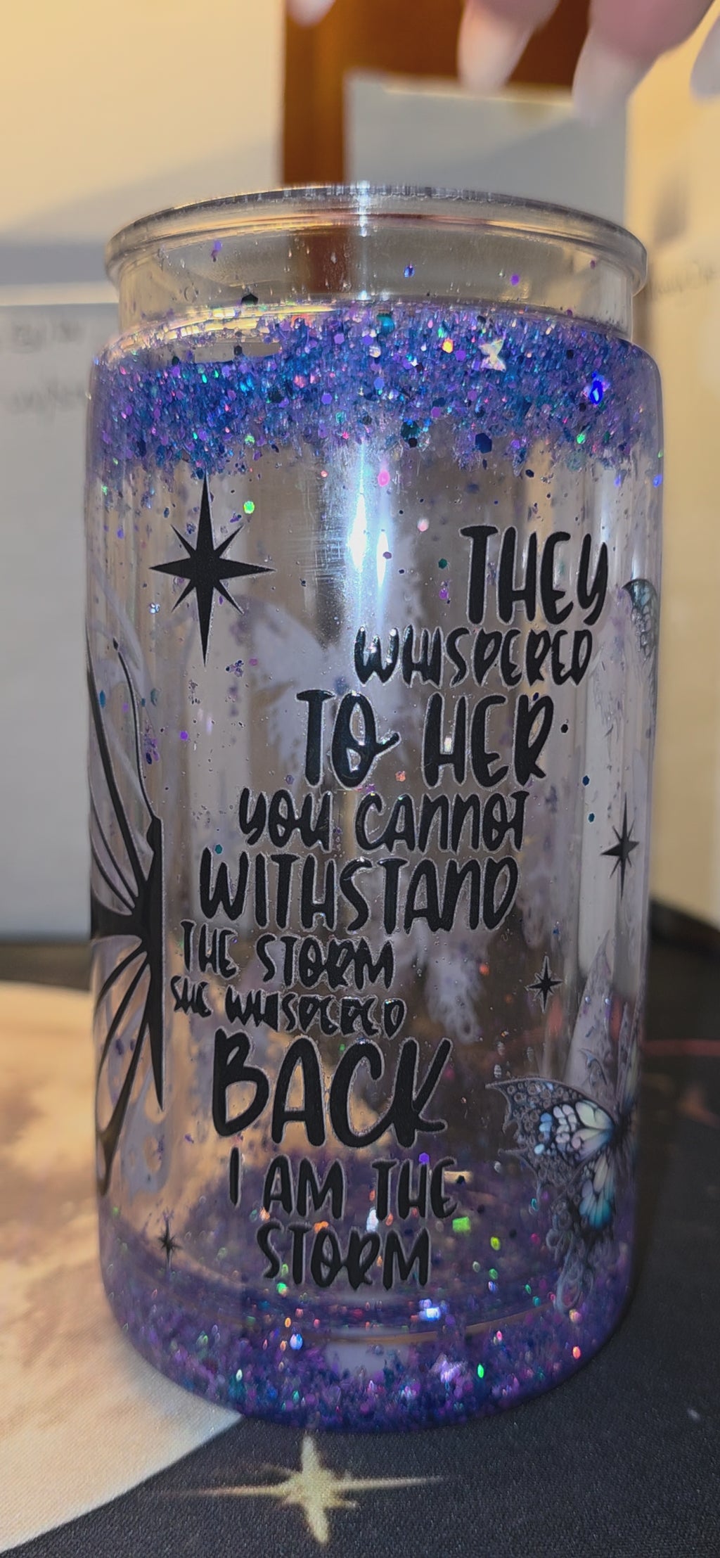 🦋✨ “I Am the Storm” Purple Glitter Tumbl