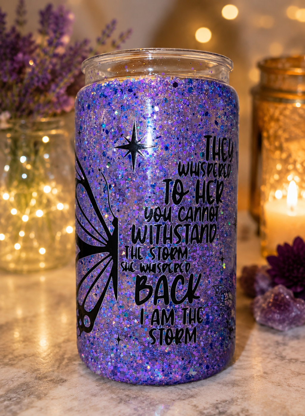🦋✨ “I Am the Storm” Purple Glitter Tumbl